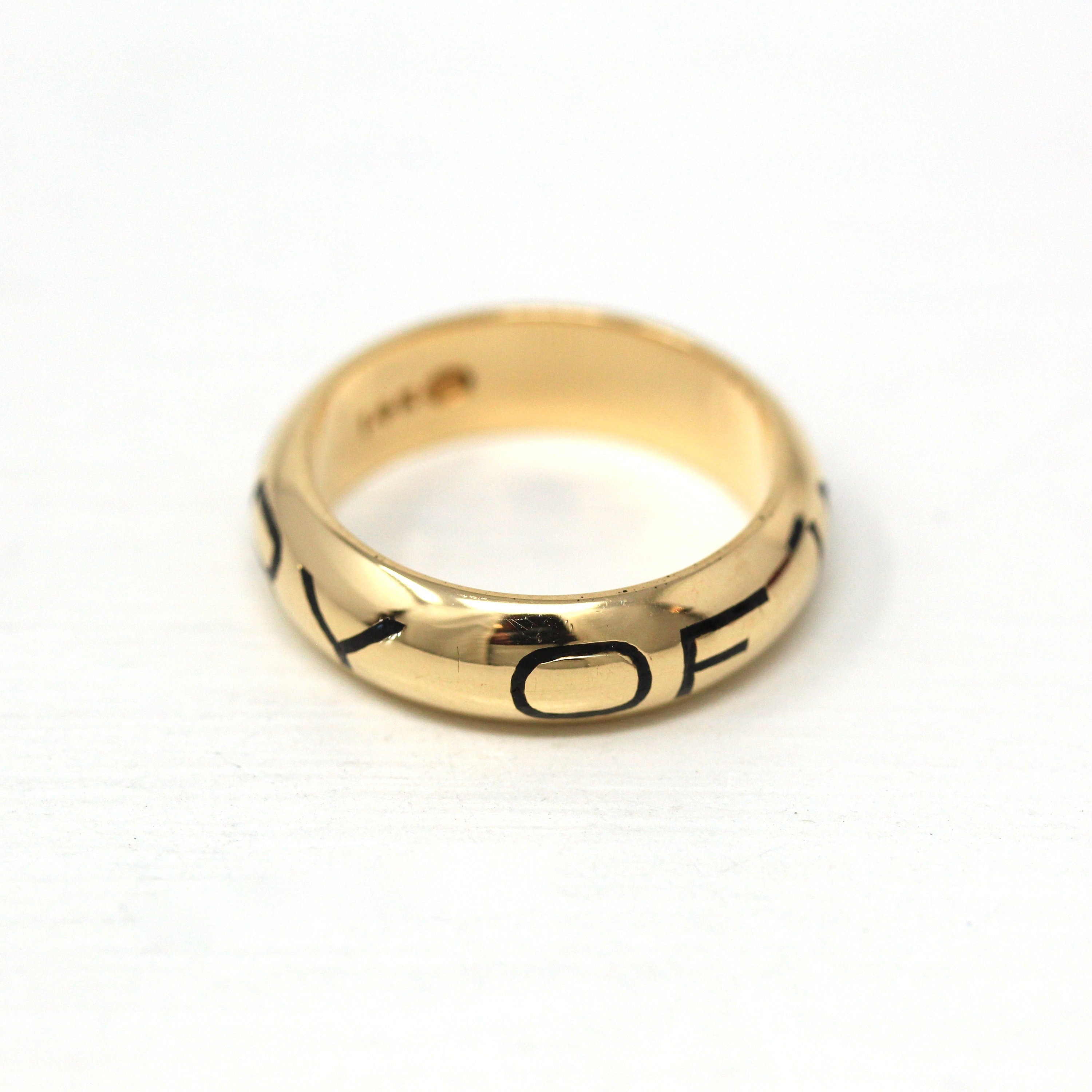 Gold Memorial Band - Modern Estate 14k Yellow Gold "In Memory Of" Ring - Size 6 Heavy Black Enamel Fine 5.5 mm Antique Style Jewelry