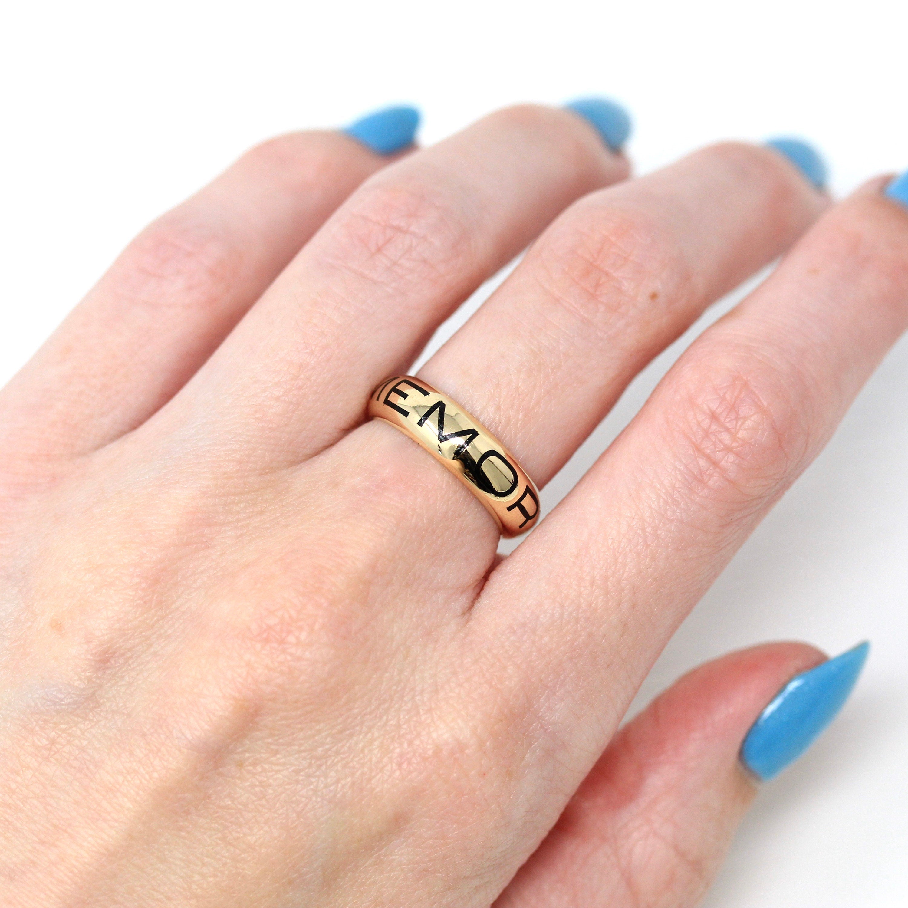 Gold Memorial Band - Modern Estate 14k Yellow Gold "In Memory Of" Ring - Size 6 Heavy Black Enamel Fine 5.5 mm Antique Style Jewelry