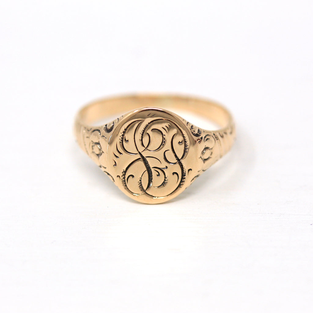 Antique Signet Ring - Edwardian Era 10k Yellow Gold Hand Engraved Letters JP Statement - Vintage Circa 1910s Size 8.5 Classic Fine Jewelry