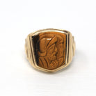 Tiger's Eye Ring - Retro 10k Yellow Gold Genuine Carved Warriors Brown Gemstone - Vintage Circa 1960s Era Size 10 3/4 Statement Fine Jewelry