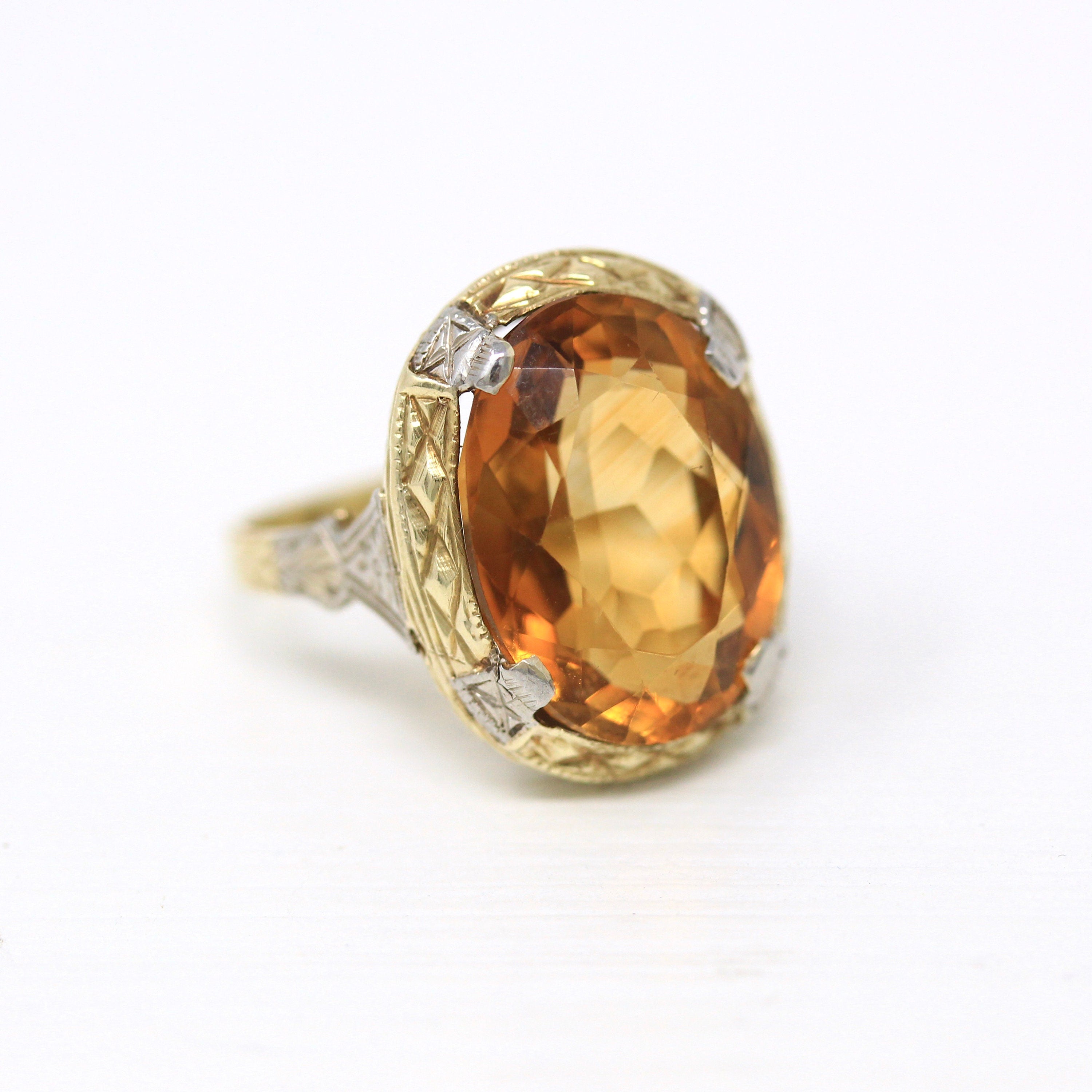 Genuine Citrine Ring - Art Deco 10k Yellow White Gold Filigree Oval 7.41 CT Gemstone - Vintage Circa 1930s Era Size 5 1/4 Fine Jewelry