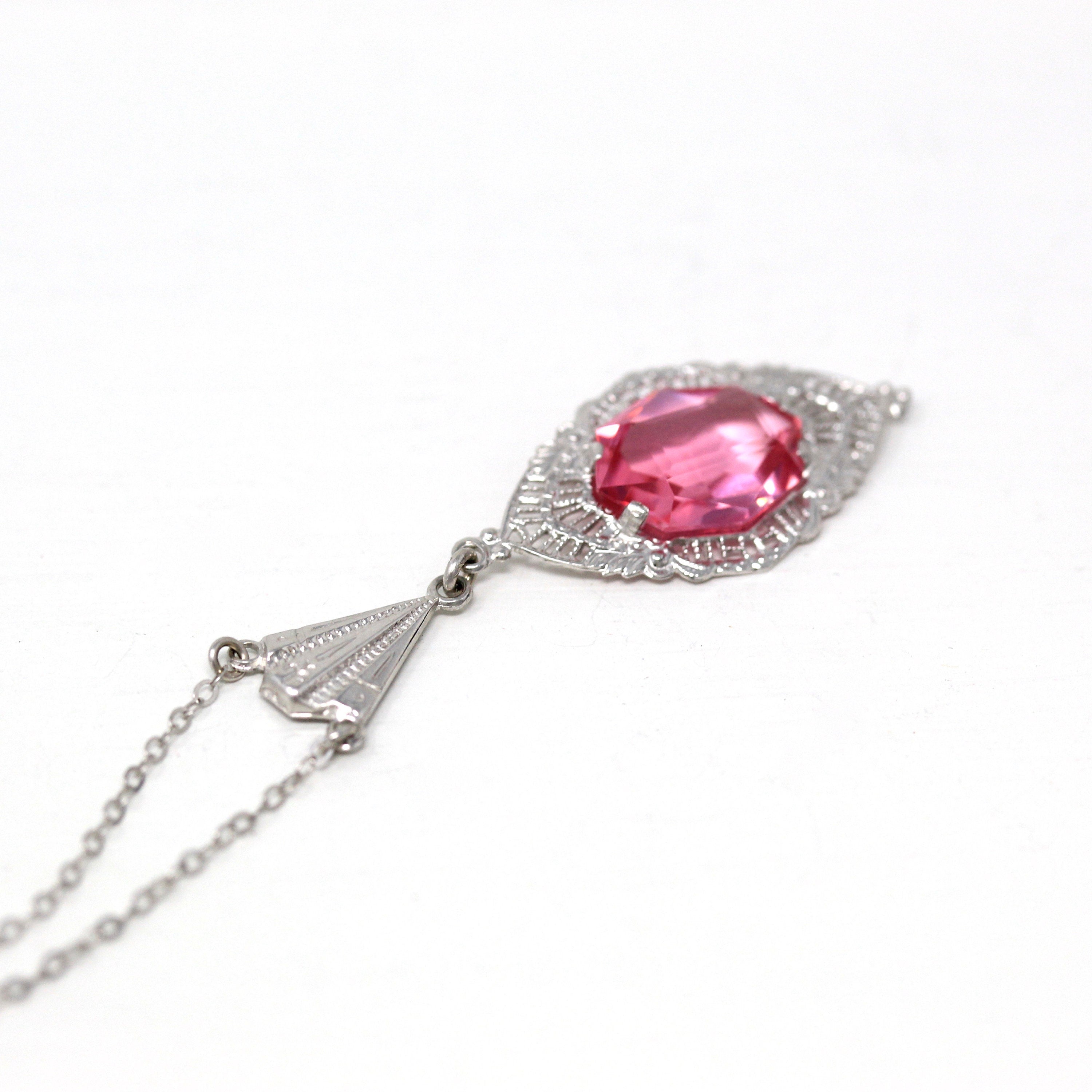 Art Deco Lavalier - Vintage 10k White Gold Fancy Cut Pink Glass Stone Necklace - Circa 1930s Era Fine Simulated Sapphire 30s Fine Jewelry