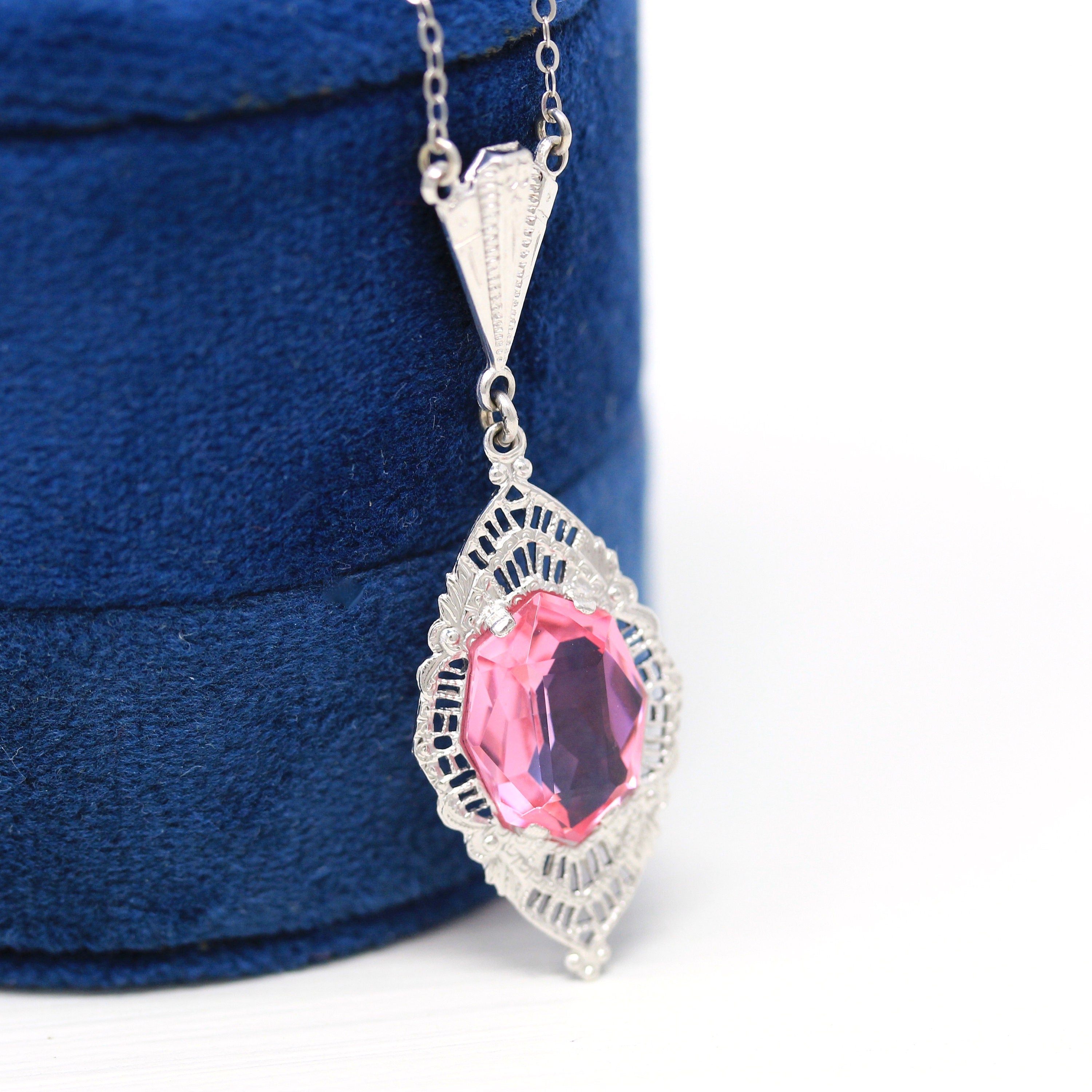 Art Deco Lavalier - Vintage 10k White Gold Fancy Cut Pink Glass Stone Necklace - Circa 1930s Era Fine Simulated Sapphire 30s Fine Jewelry