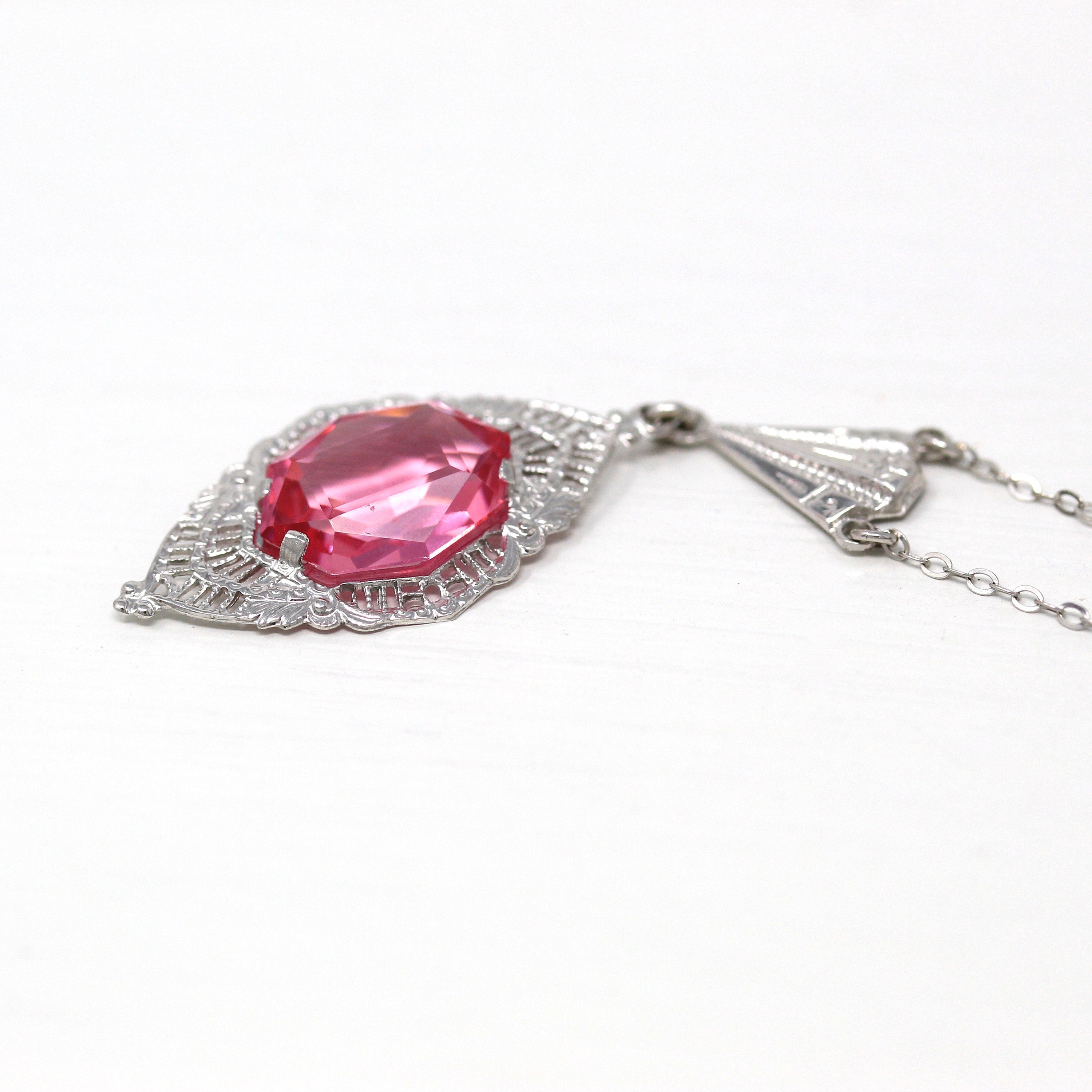 Art Deco Lavalier - Vintage 10k White Gold Fancy Cut Pink Glass Stone Necklace - Circa 1930s Era Fine Simulated Sapphire 30s Fine Jewelry