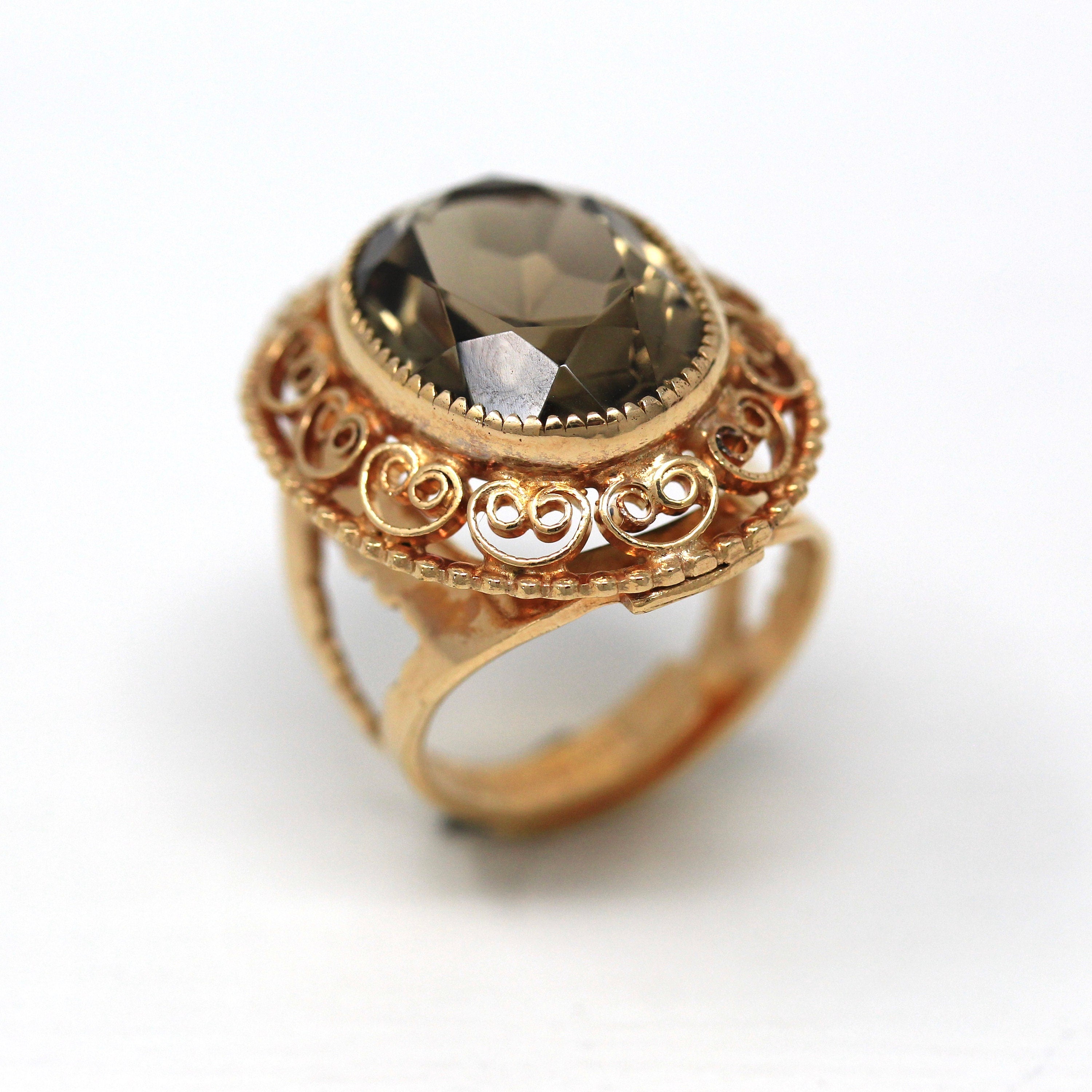 Smoky Quartz Ring - Retro 12k Gold Filled Oval Cut 8.59 ct Gem - Vintage Circa 1960s Era Size 6 Adjustable Statement Cocktail Jewelry