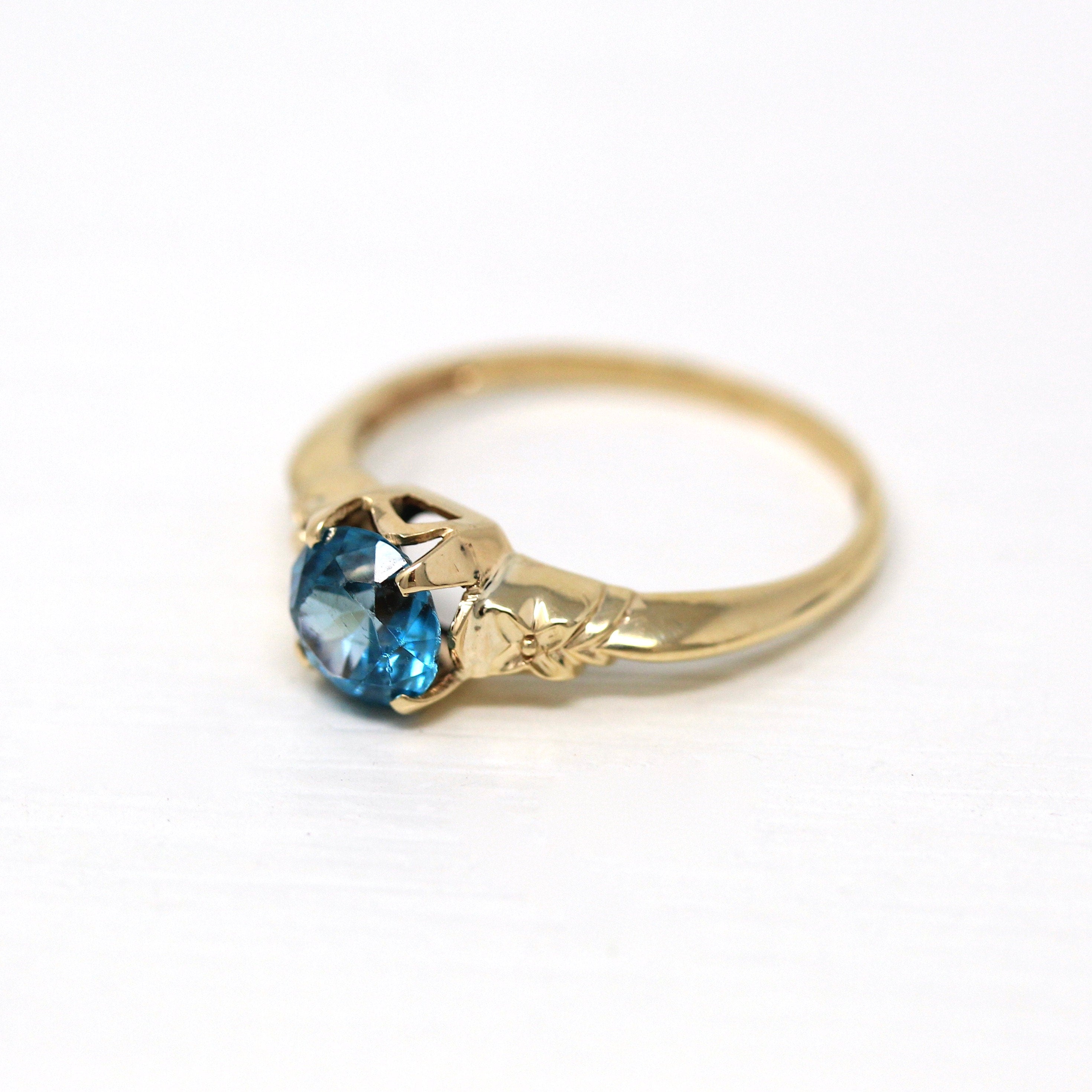 Genuine Blue Zircon Ring - Retro 10k Yellow Gold Round Blue 1.17 CT Gemstone - Vintage Circa 1940s Era Size 6 Solitaire Fine Flower Jewelry