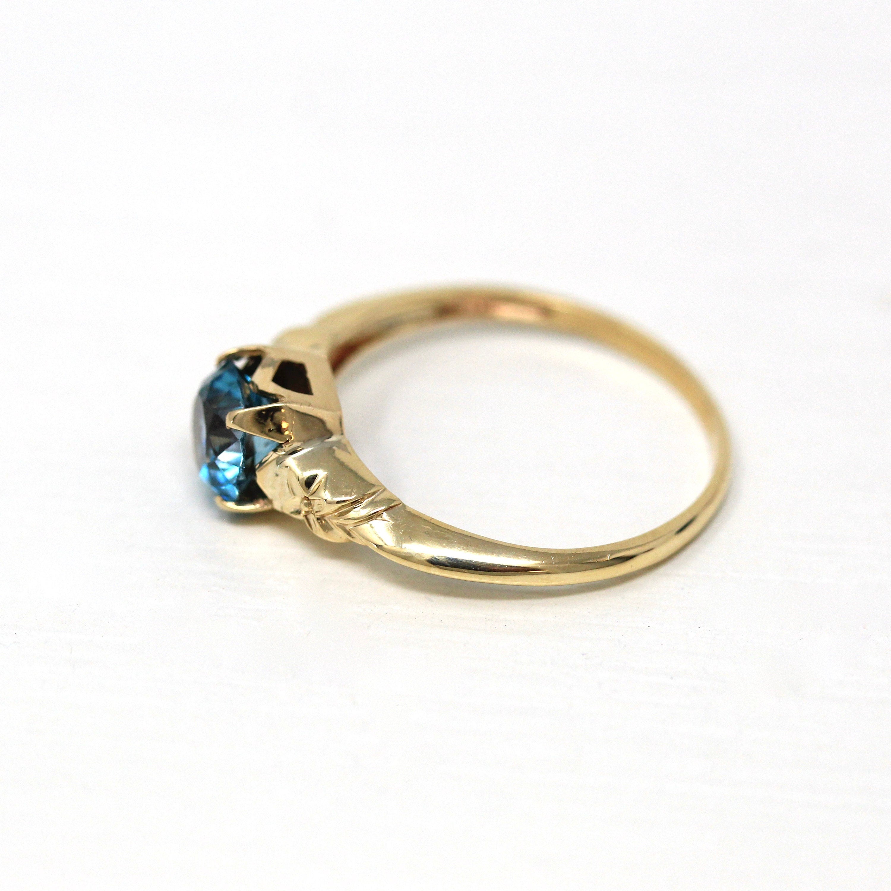 Genuine Blue Zircon Ring - Retro 10k Yellow Gold Round Blue 1.17 CT Gemstone - Vintage Circa 1940s Era Size 6 Solitaire Fine Flower Jewelry