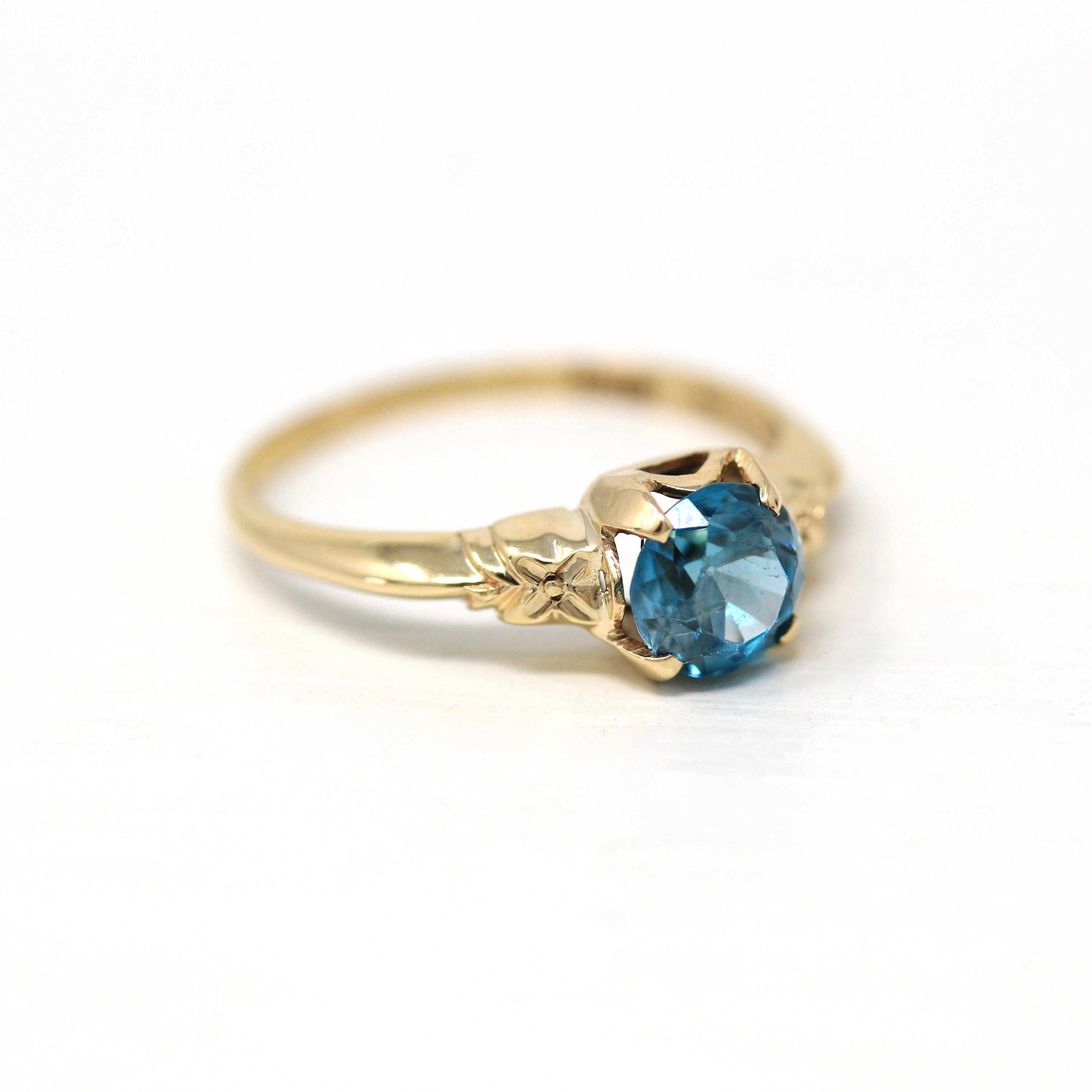 Genuine Blue Zircon Ring - Retro 10k Yellow Gold Round Blue 1.17 CT Gemstone - Vintage Circa 1940s Era Size 6 Solitaire Fine Flower Jewelry