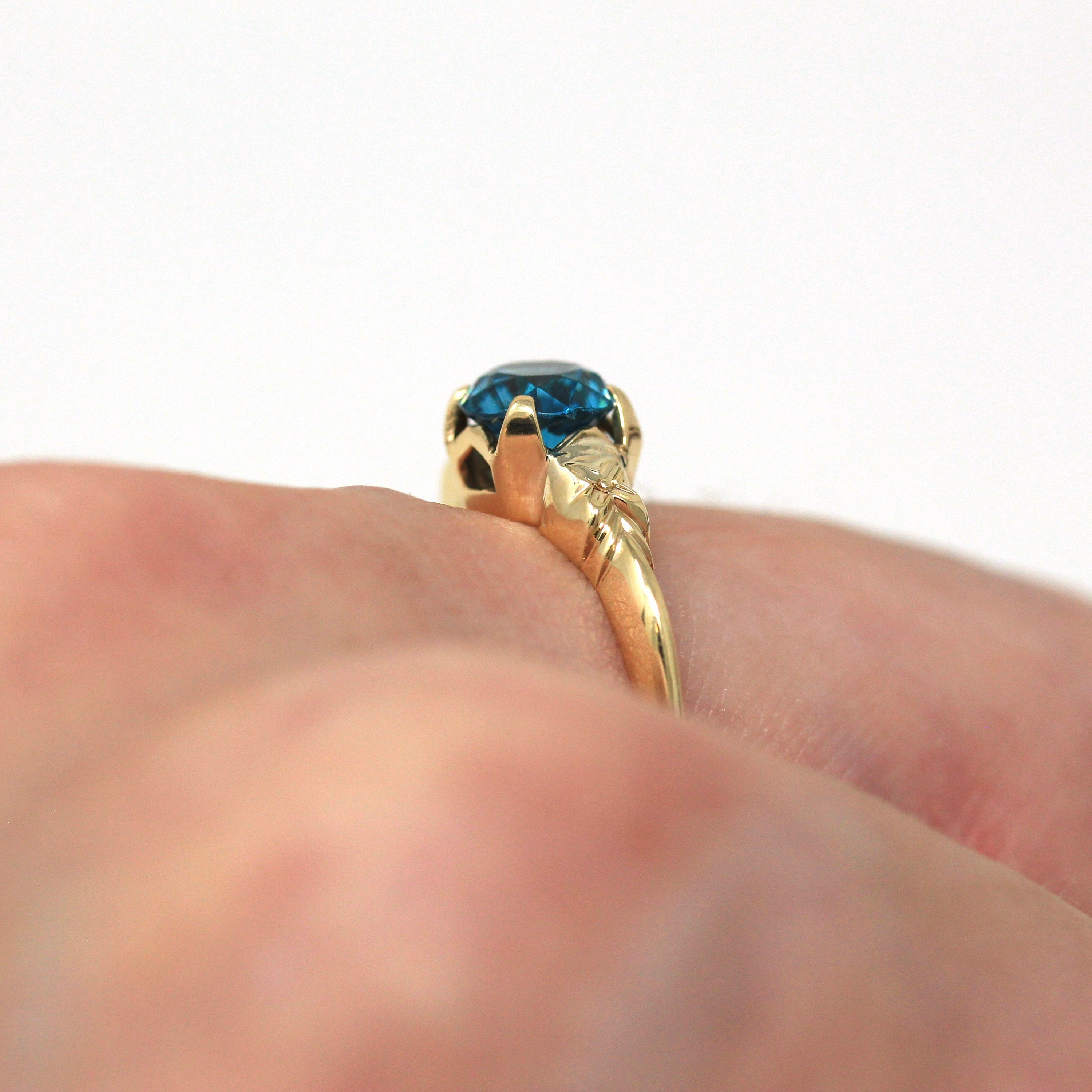 Genuine Blue Zircon Ring - Retro 10k Yellow Gold Round Blue 1.17 CT Gemstone - Vintage Circa 1940s Era Size 6 Solitaire Fine Flower Jewelry