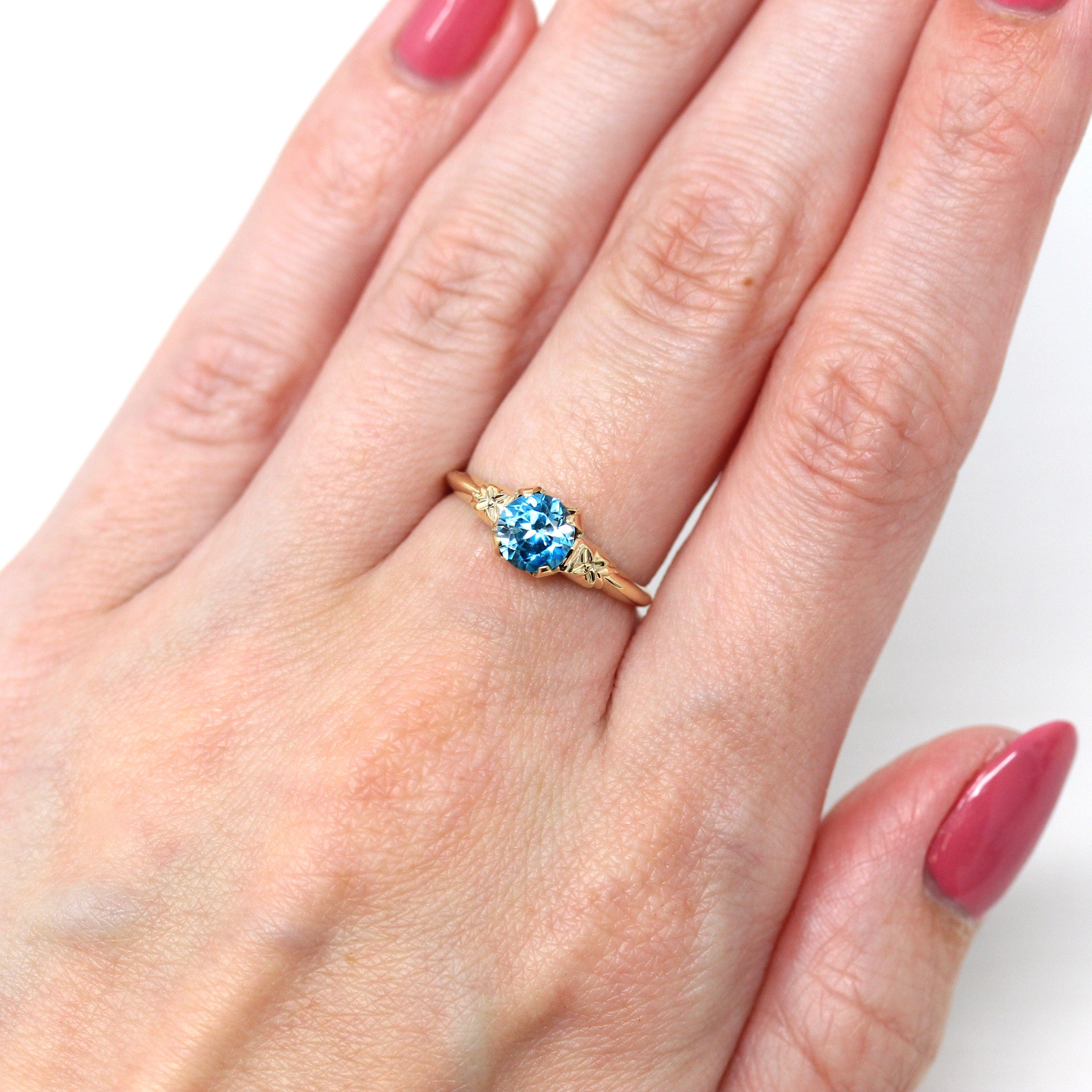 Genuine Blue Zircon Ring - Retro 10k Yellow Gold Round Blue 1.17 CT Gemstone - Vintage Circa 1940s Era Size 6 Solitaire Fine Flower Jewelry