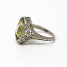 Antique Filigree Ring - Art Deco Era 10k White Gold 2.47 Ct Created Yellow Sapphire Statement - Vintage Circa 1920s Size 5 1/4 Fine Jewelry