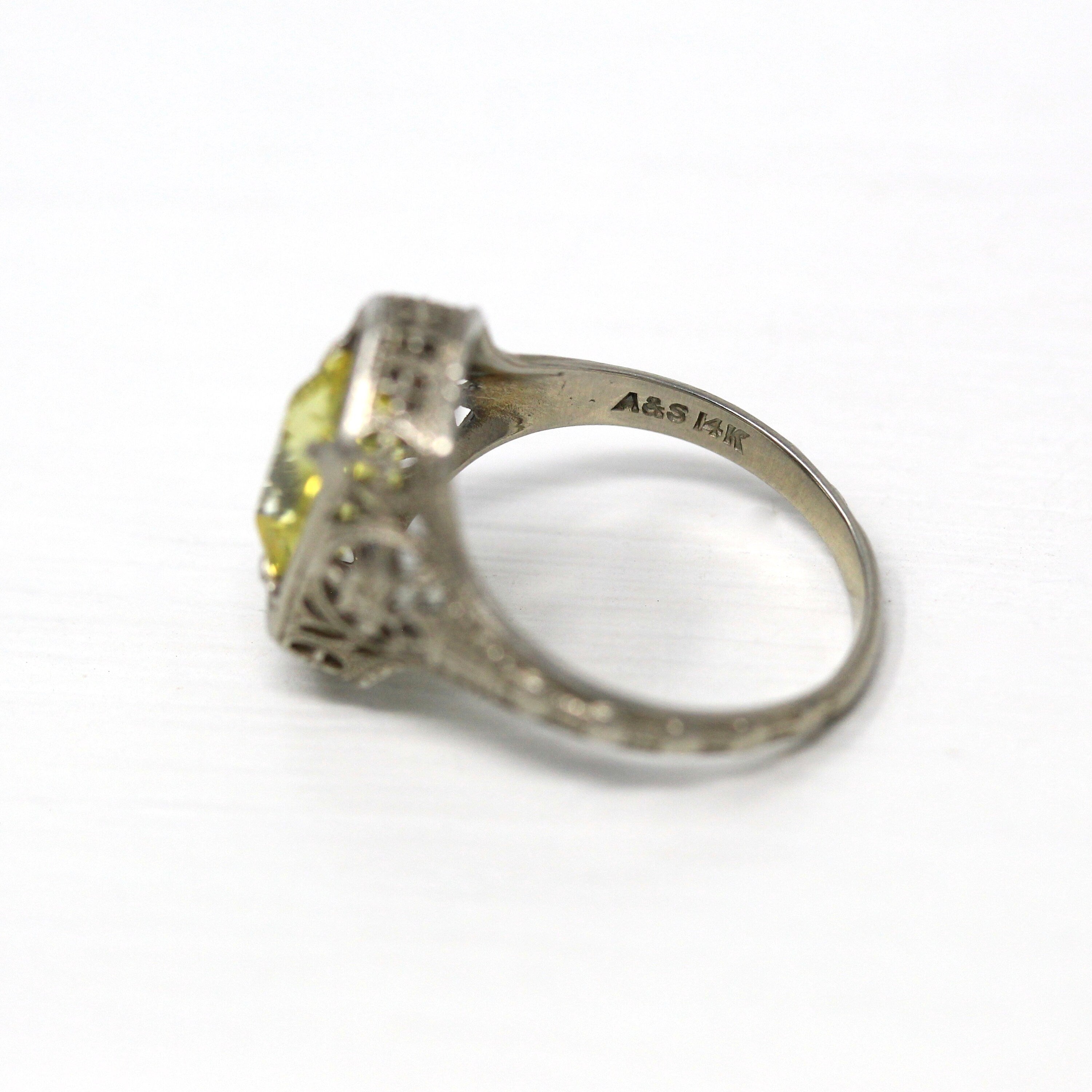 Antique Filigree Ring - Art Deco Era 10k White Gold 2.47 Ct Created Yellow Sapphire Statement - Vintage Circa 1920s Size 5 1/4 Fine Jewelry