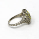 Antique Filigree Ring - Art Deco Era 10k White Gold 2.47 Ct Created Yellow Sapphire Statement - Vintage Circa 1920s Size 5 1/4 Fine Jewelry