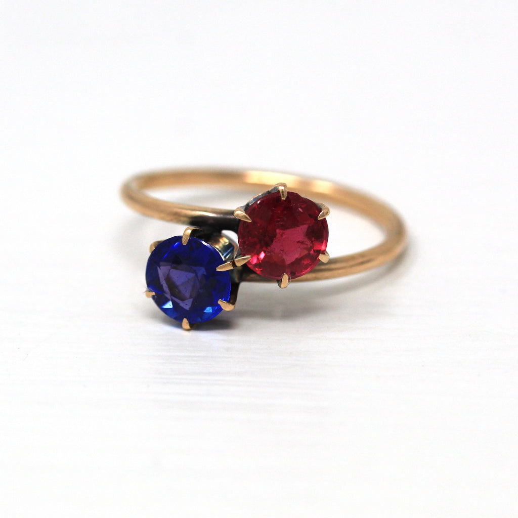 Toi Et Moi Ring - Antique 10k Rosy Yellow Gold Blue & Red Stones - Vintage Size 6 3/4 Edwardian Garnet Glass Doublets C. 1910s Fine Jewelry