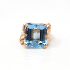 Sale - Vintage Aquamarine Ring - 1940s Retro 14k Rose Gold Square Cut 15.68 CT Blue Gem - Mid Century Size 8 1/4 Ribbon Cocktail 40s Jewelry