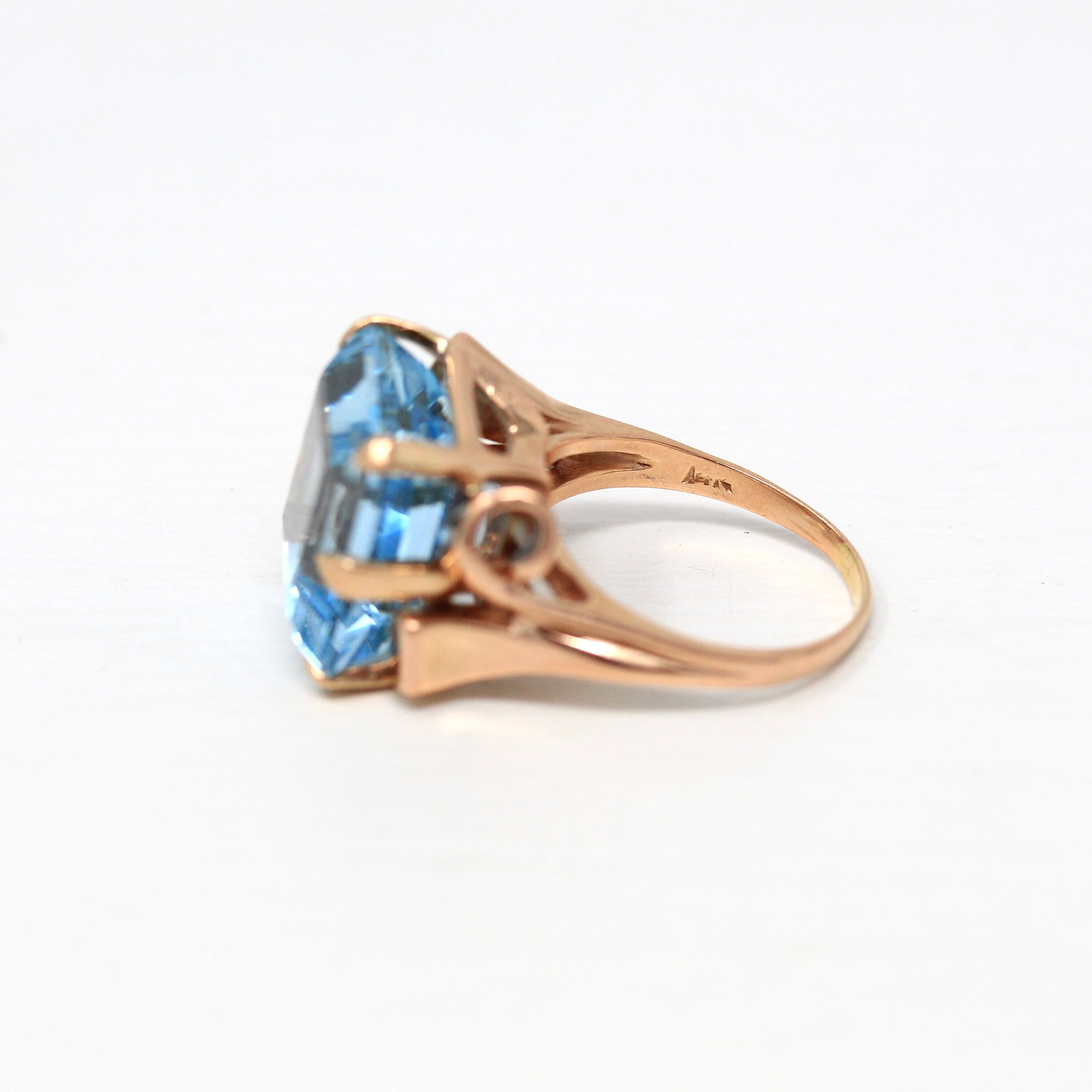 Sale - Vintage Aquamarine Ring - 1940s Retro 14k Rose Gold Square Cut 15.68 CT Blue Gem - Mid Century Size 8 1/4 Ribbon Cocktail 40s Jewelry