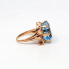 Vintage Aquamarine Ring - 1940s Retro 14k Rose Gold Square Cut 15.68 CT Blue Gem - Mid Century Size 8 1/4 Ribbon Fine Cocktail Jewelry