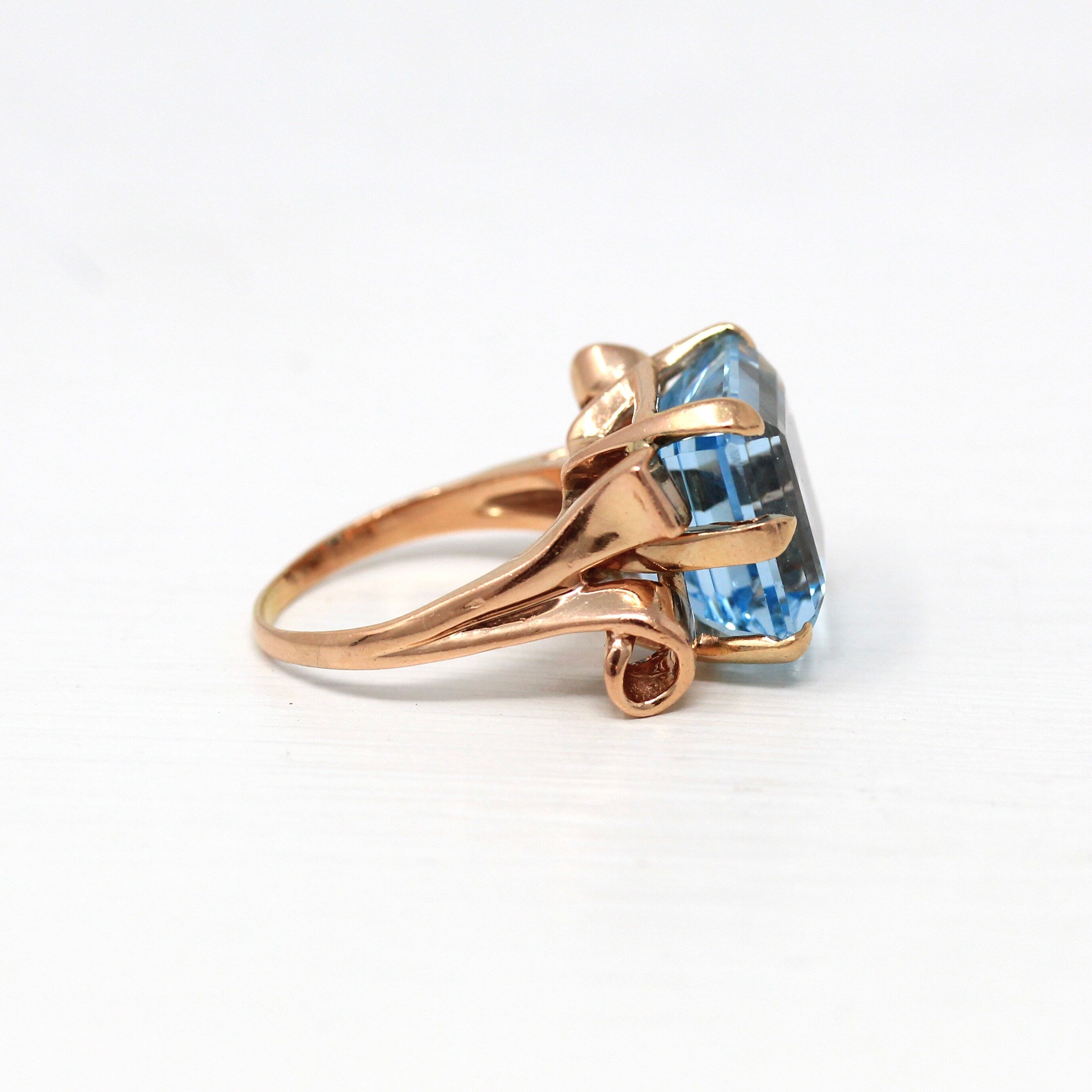 Sale - Vintage Aquamarine Ring - 1940s Retro 14k Rose Gold Square Cut 15.68 CT Blue Gem - Mid Century Size 8 1/4 Ribbon Cocktail 40s Jewelry