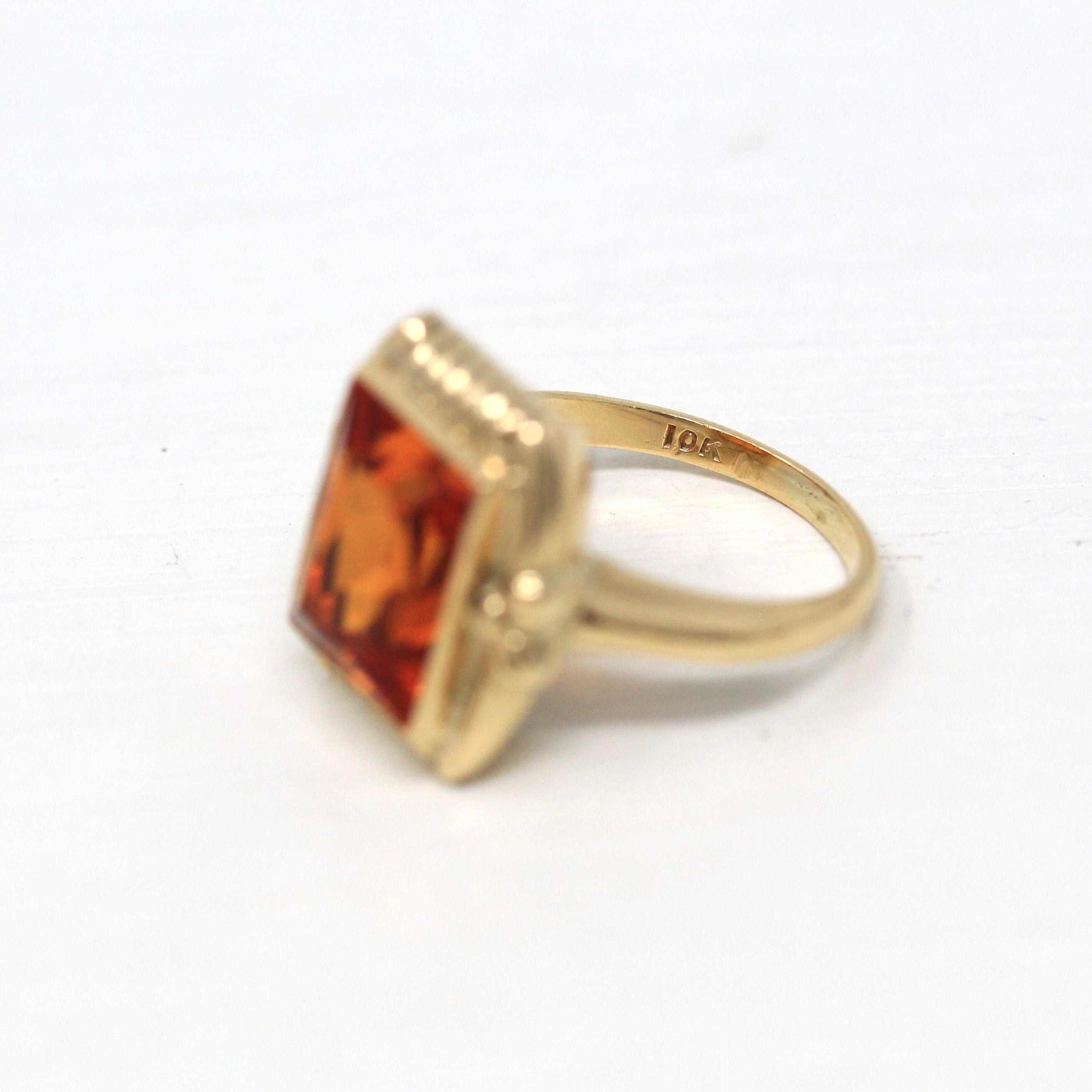 Created Orange Sapphire Ring - Retro Era 10k Yellow Gold Rectangular Faceted 3.95 CT Stone - Vintage Circa 1940s Size 3 Fine Jewelry