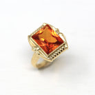 Created Orange Sapphire Ring - Retro Era 10k Yellow Gold Rectangular Faceted 3.95 CT Stone - Vintage Circa 1940s Size 3 Fine Jewelry