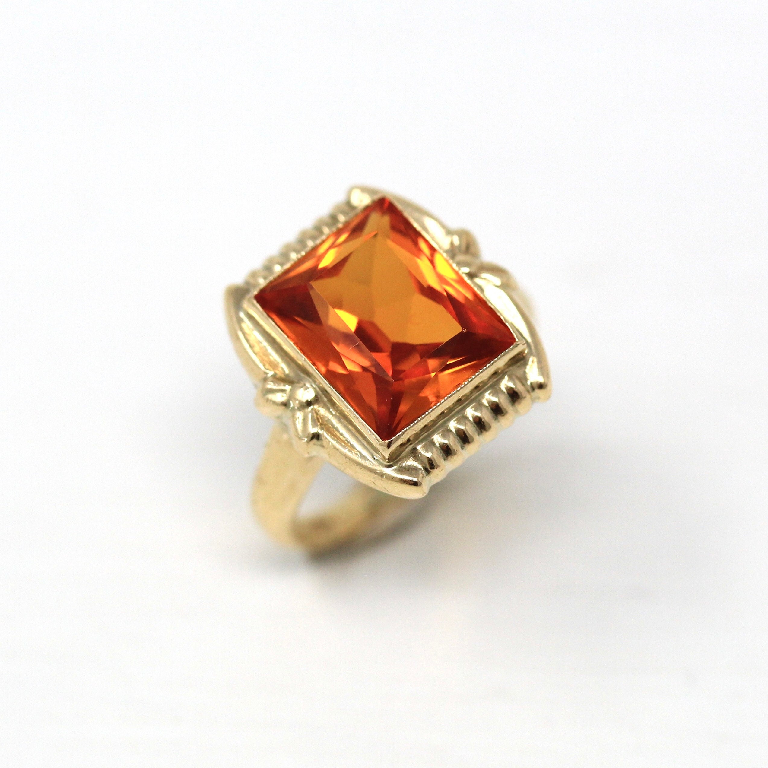 Created Orange Sapphire Ring - Retro Era 10k Yellow Gold Rectangular Faceted 3.95 CT Stone - Vintage Circa 1940s Size 3 Fine Jewelry