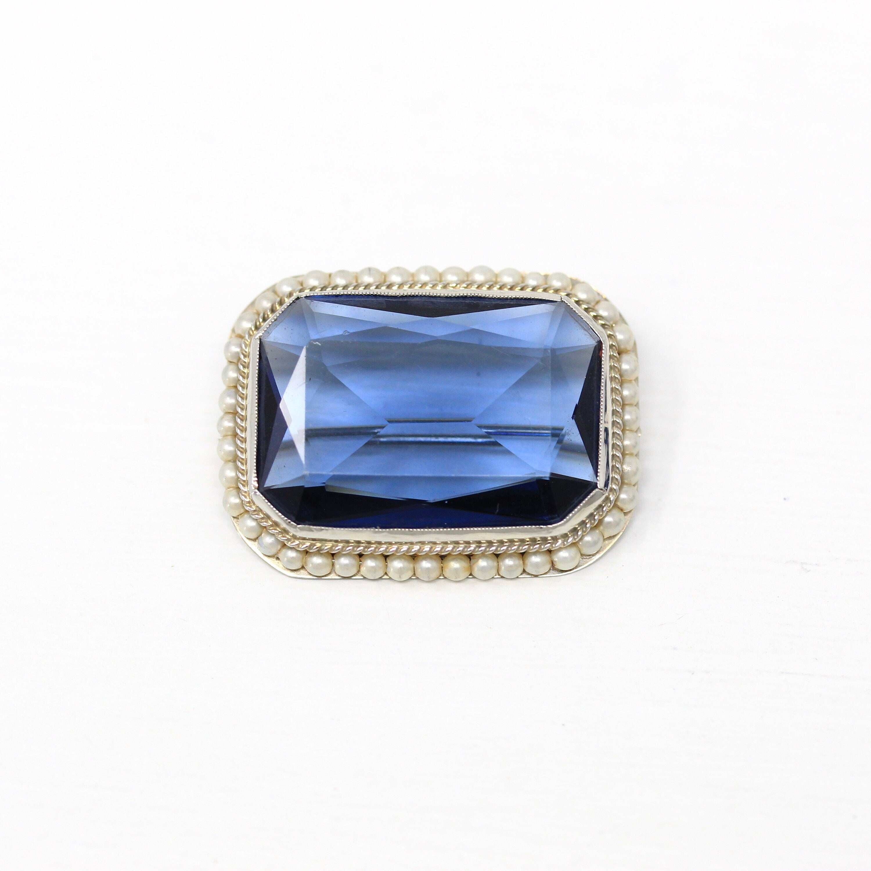 Art Deco Brooch - Vintage 10k White Gold Seed Pearl & Simulated Sapphire Statement Pin - Circa 1930s Era Blue Glass 30s Fine Jewelry