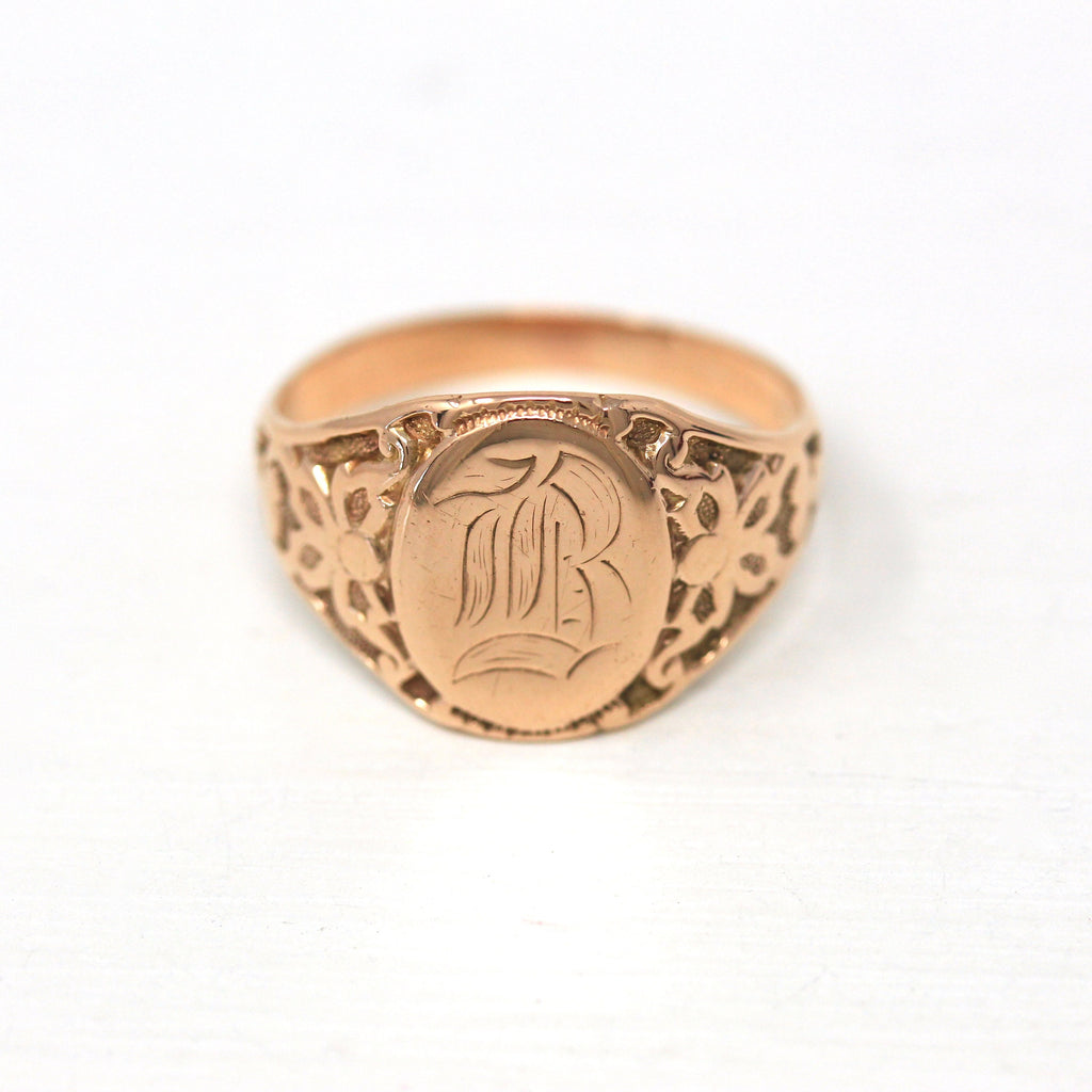 Letter B Ring - Edwardian 10k Yellow Gold Engraved Old English Initial Signet - Antique Circa 1910s Size 7.5 Ostby & Barton OB Fine Jewelry