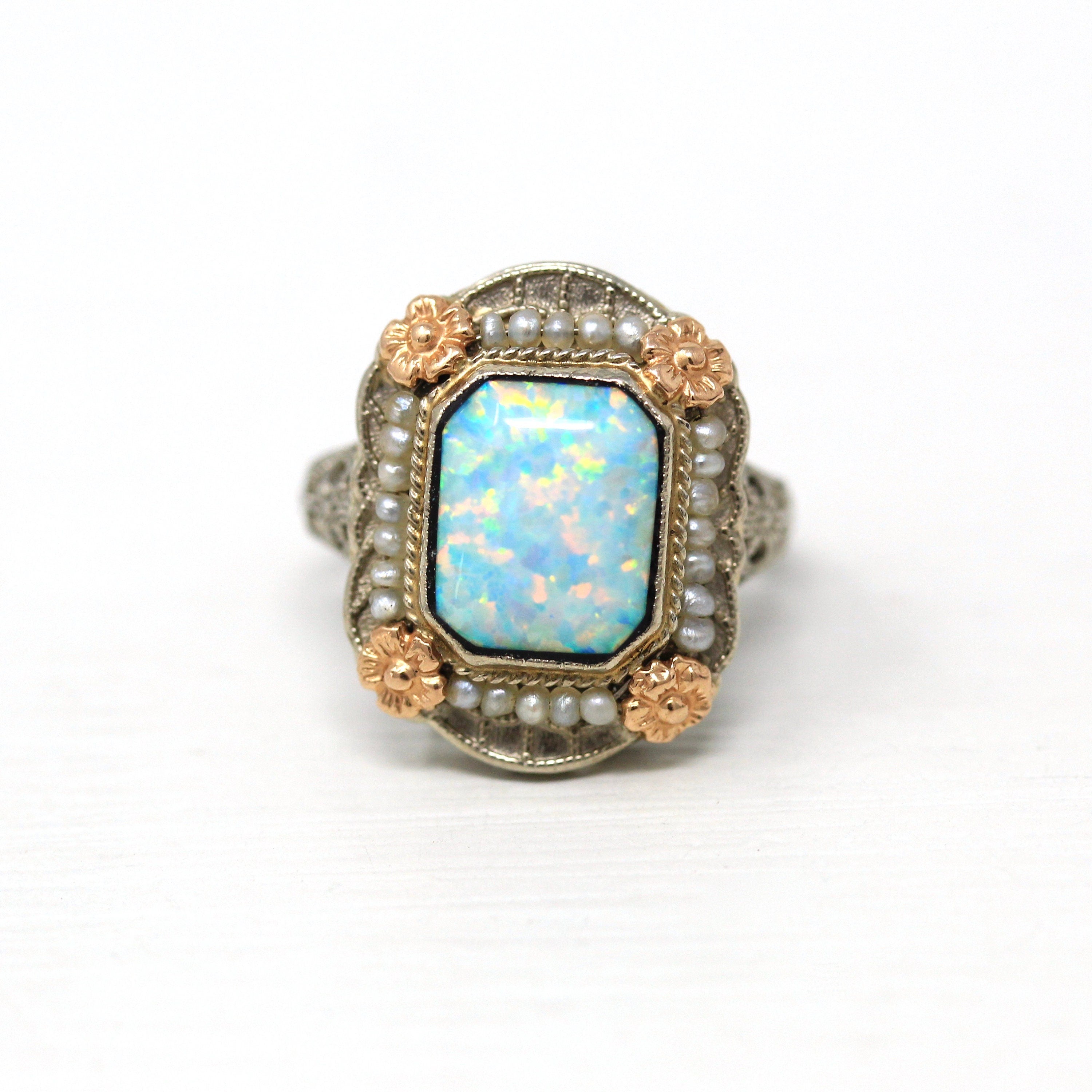 Created Opal Ring - Art Deco Era 14k White Gold Vintage Seed Pearl Halo - Circa 1930s Flower Motif Filigree Size 4 Fine Flapper Jewelry