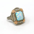 Created Opal Ring - Art Deco Era 14k White Gold Vintage Seed Pearl Halo - Circa 1930s Flower Motif Filigree Size 4 Fine Flapper Jewelry