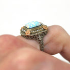 Created Opal Ring - Art Deco Era 14k White Gold Vintage Seed Pearl Halo - Circa 1930s Flower Motif Filigree Size 4 Fine Flapper Jewelry