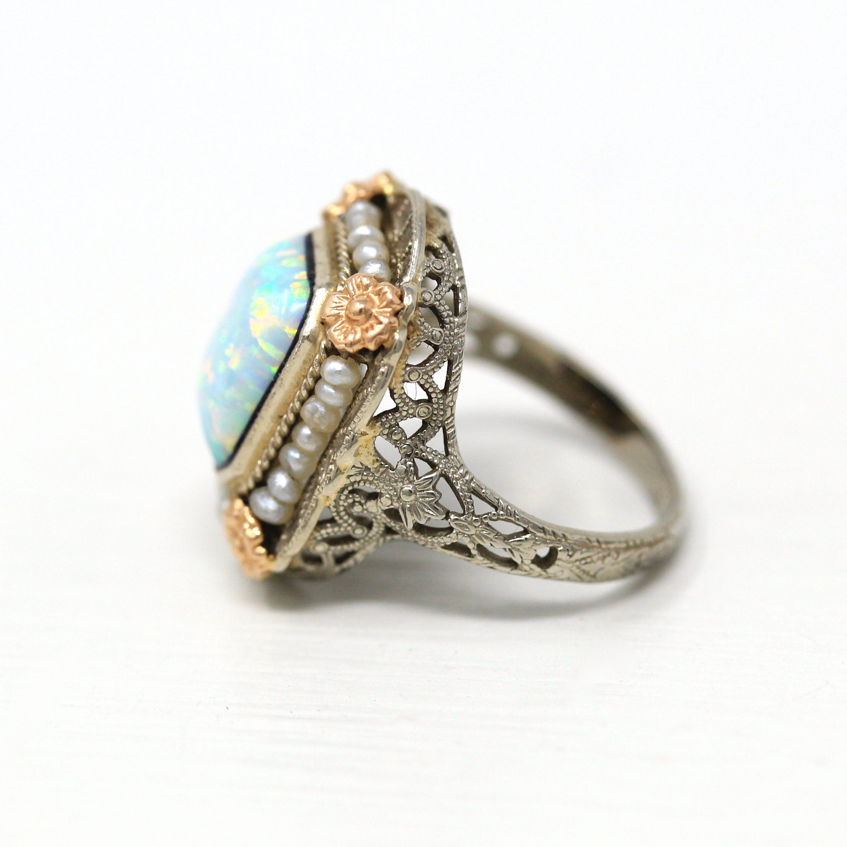 Created Opal Ring - Art Deco Era 14k White Gold Vintage Seed Pearl Halo - Circa 1930s Flower Motif Filigree Size 4 Fine Flapper Jewelry