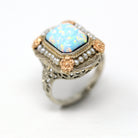 Created Opal Ring - Art Deco Era 14k White Gold Vintage Seed Pearl Halo - Circa 1930s Flower Motif Filigree Size 4 Fine Flapper Jewelry