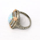 Created Opal Ring - Art Deco Era 14k White Gold Vintage Seed Pearl Halo - Circa 1930s Flower Motif Filigree Size 4 Fine Flapper Jewelry