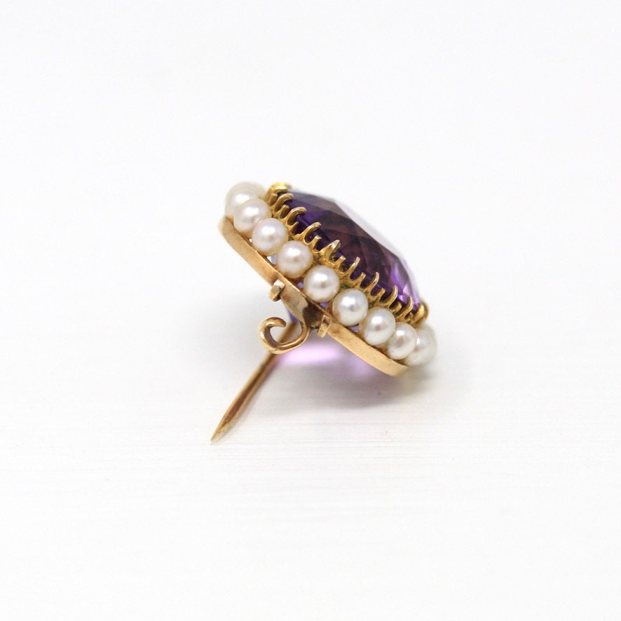 Genuine Amethyst Brooch - Edwardian 14k Yellow Gold Round Faceted 11.41 CT Cultured Pearls Pin - Antique Circa 1900s Era Fine Jewelry