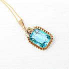 Simulated Topaz Necklace - Retro 10k Yellow Gold Emerald Cut Blue Glass Pendant - Vintage Circa 1940s Era Rose Gold Flower Fine BDA Jewelry