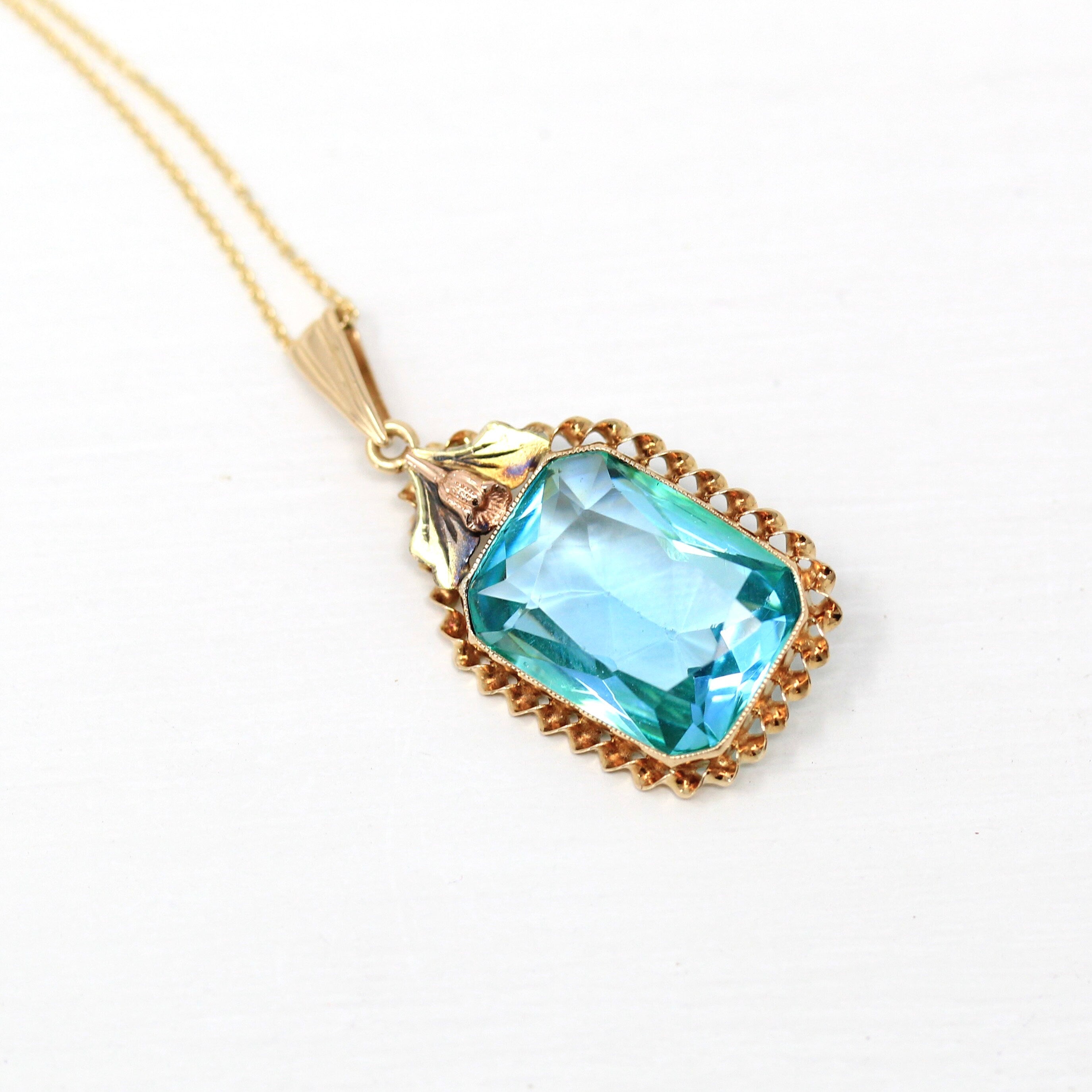 Simulated Topaz Necklace - Retro 10k Yellow Gold Emerald Cut Blue Glass Pendant - Vintage Circa 1940s Era Rose Gold Flower Fine BDA Jewelry