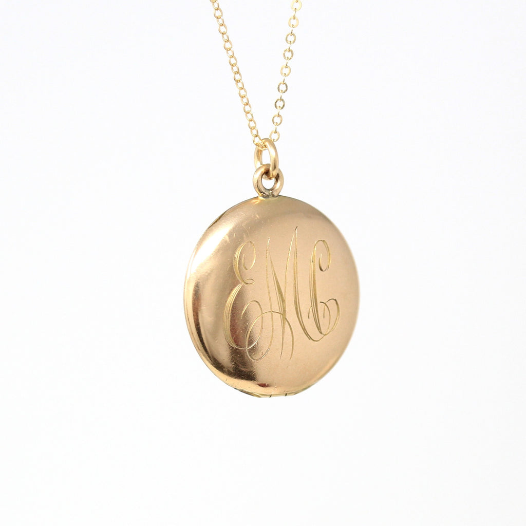 Monogrammed "EMC" Locket - Antique Gold Filled Engraved Initials Round Pendant Necklace - Edwardian Circa 1910s Era Photos W&H Co Jewelry