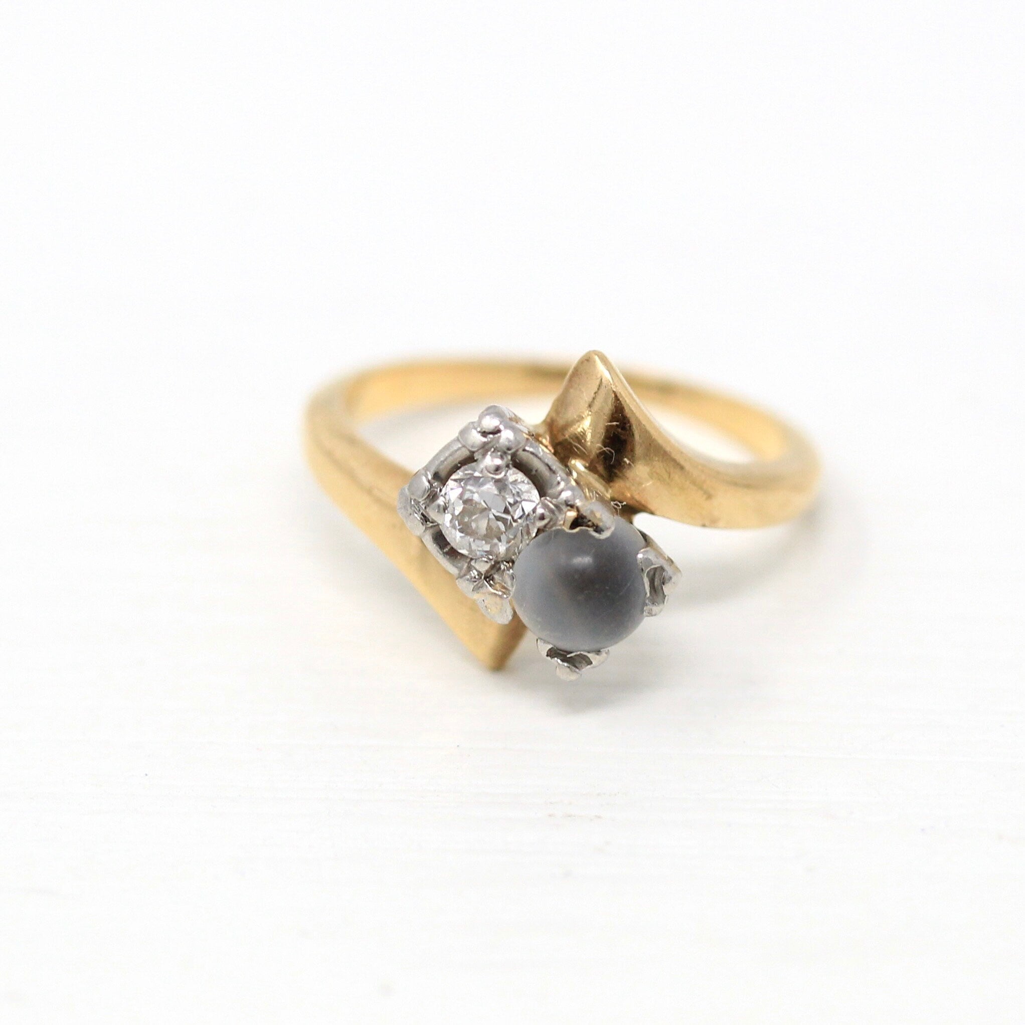 Vintage Toi Et Moi Ring - Retro 14k Yellow Gold Genuine Diamond & Moonstone - Circa 1960s Size 3 1/4 Old European Bypass Style Fine Jewelry