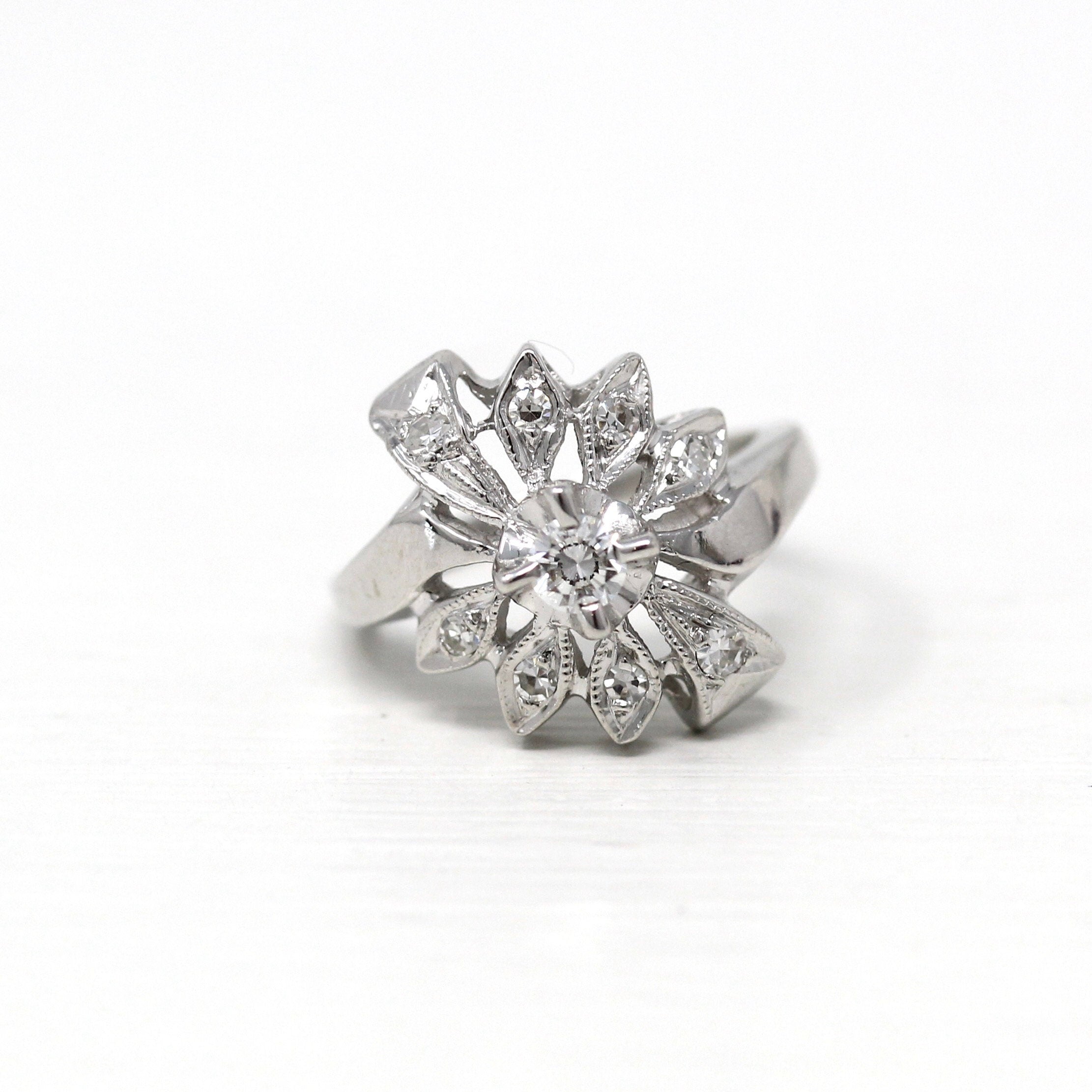 Mid Century Ring - Vintage 14k White Gold Genuine .23 CTW Diamond Flower Cluster Statement - Circa 1950s Era Size 4 Cocktail Fine Jewelry