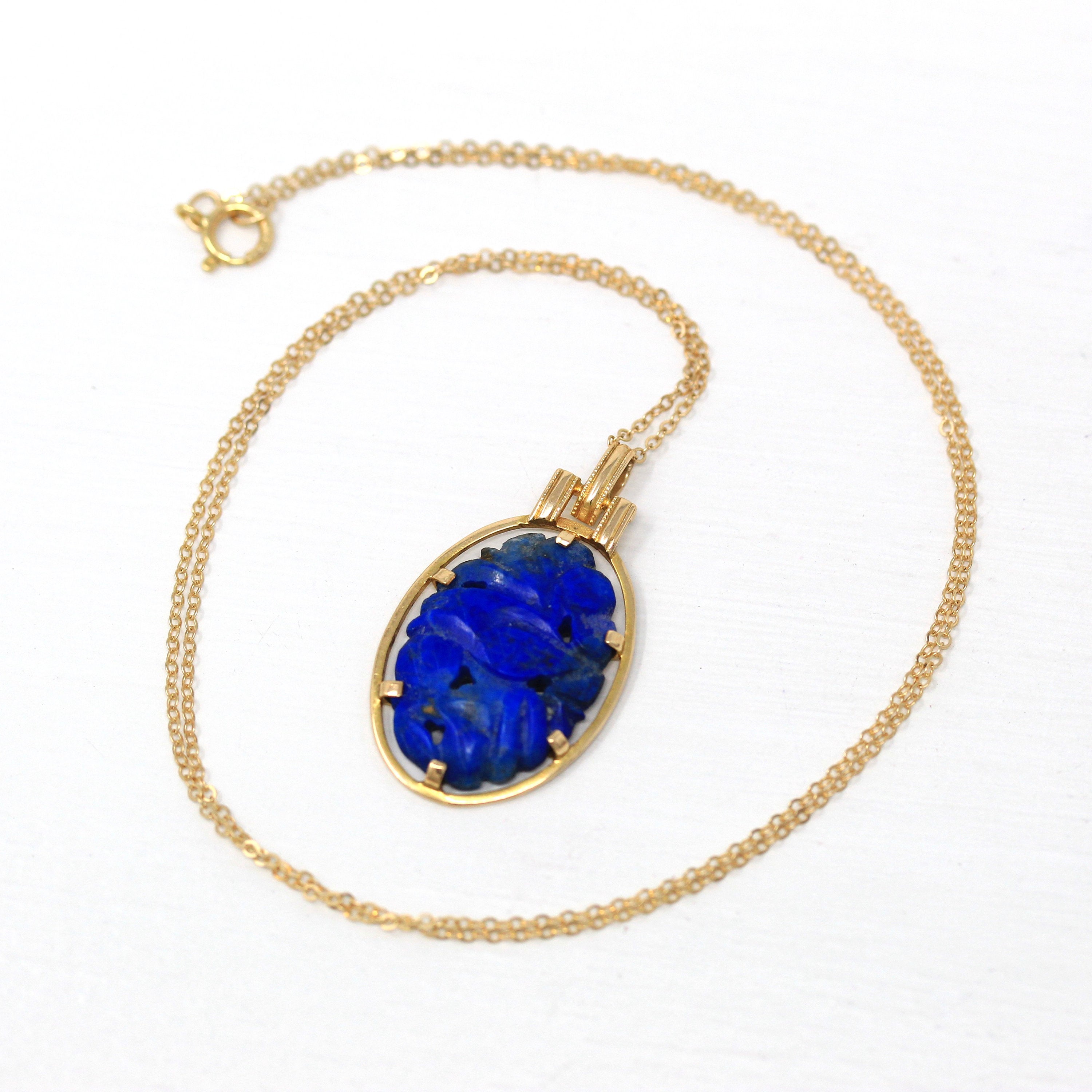 Sale Lapis Lazuli Necklace Retro 14k Yellow Gold Carved Genuine Bl MJV