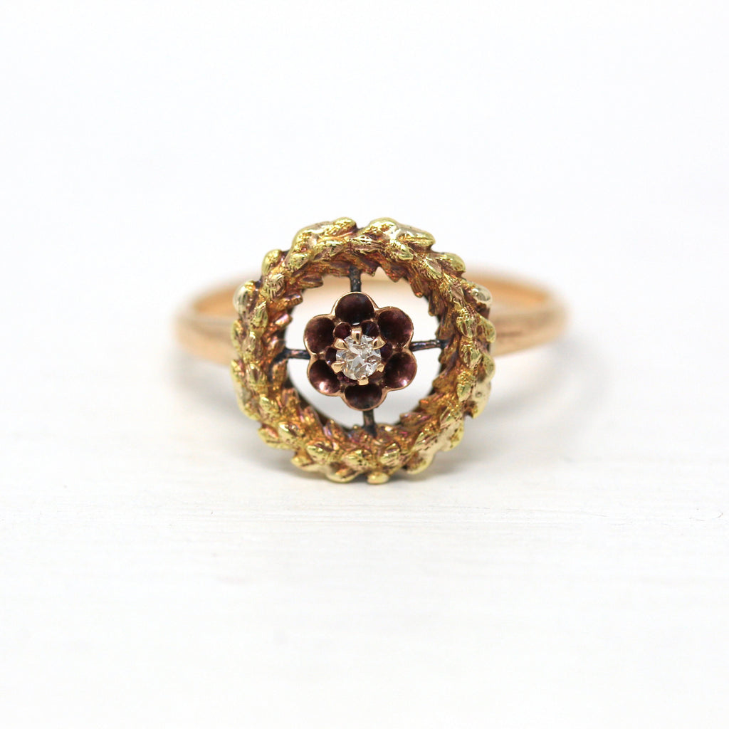 Antique Diamond Ring - Edwardian Era 10k Yellow Gold Buttercup Setting .03 CT Gem - Vintage Size 6.75 Circa 1900s Laurel Floral Fine Jewelry