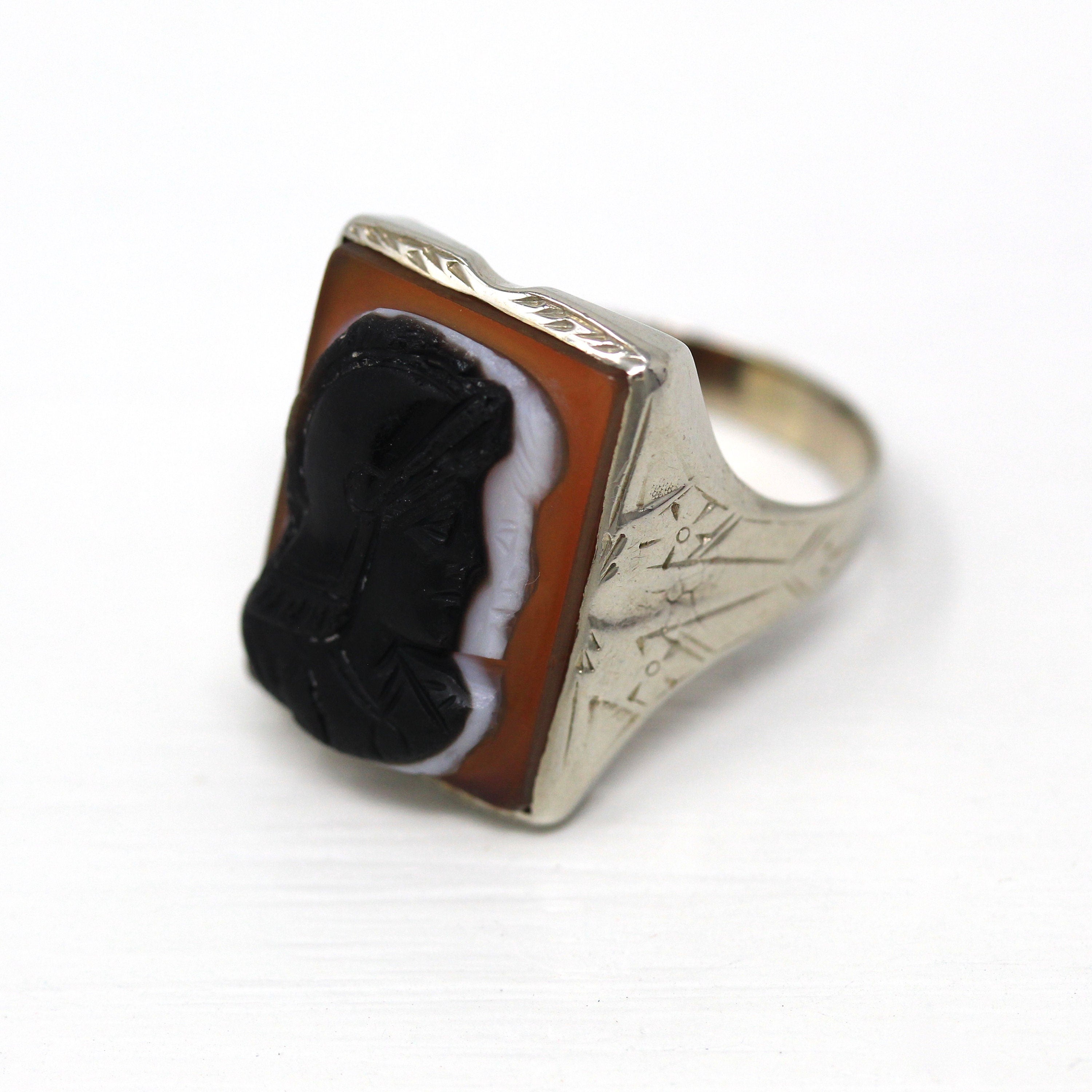 Art Deco Ring - Vintage 10k White Gold Engraved Designs Genuine Sardonyx Warrior Cameo - Circa 1930s Era Size 10 1/2 Statement Fine Jewelry