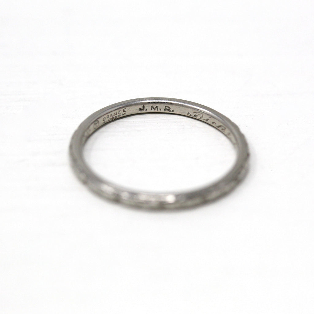 Dated 1932 Band - Art Deco Platinum Engraved "Dick to Edna" Orange Blossom Ring - Vintage Dated "10-5-1932" Size 6 3/4 Wedding Traub Jewelry