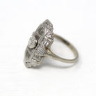 Vintage Shield Ring - Mid Century 10k White Gold Genuine .005 CT Diamond - Circa 1950s Era Size 3 3/4 Fine 50s Statement Filigree Jewelry