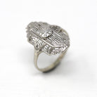 Vintage Shield Ring - Mid Century 10k White Gold Genuine .005 CT Diamond - Circa 1950s Era Size 3 3/4 Fine 50s Statement Filigree Jewelry