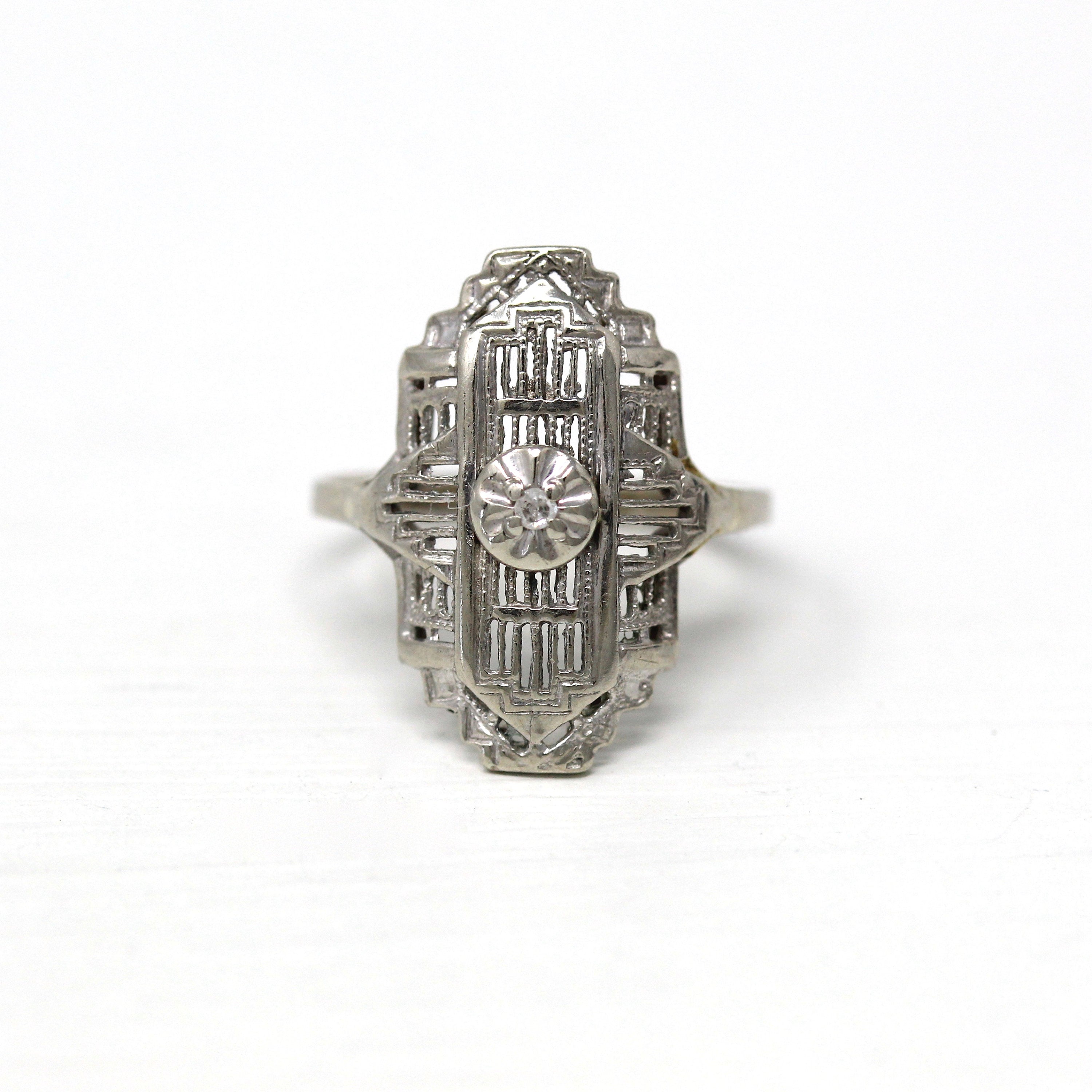 Vintage Shield Ring - Mid Century 10k White Gold Genuine .005 CT Diamond - Circa 1950s Era Size 3 3/4 Fine 50s Statement Filigree Jewelry