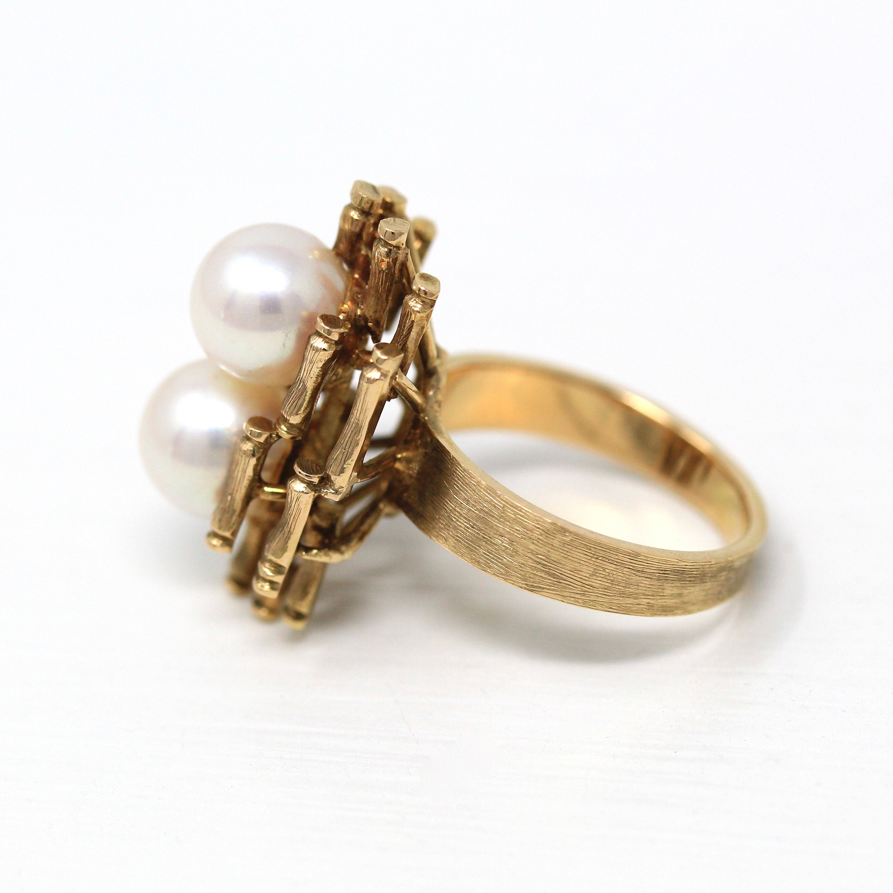 Cultured Pearl Ring - Retro 14k Yellow Gold Bamboo Branches Statement - Vintage Circa 1970s Era Size 6 1/2 Manchu Gems Original Box Jewelry