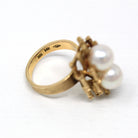 Cultured Pearl Ring - Retro 14k Yellow Gold Bamboo Branches Statement - Vintage Circa 1970s Era Size 6 1/2 Manchu Gems Original Box Jewelry