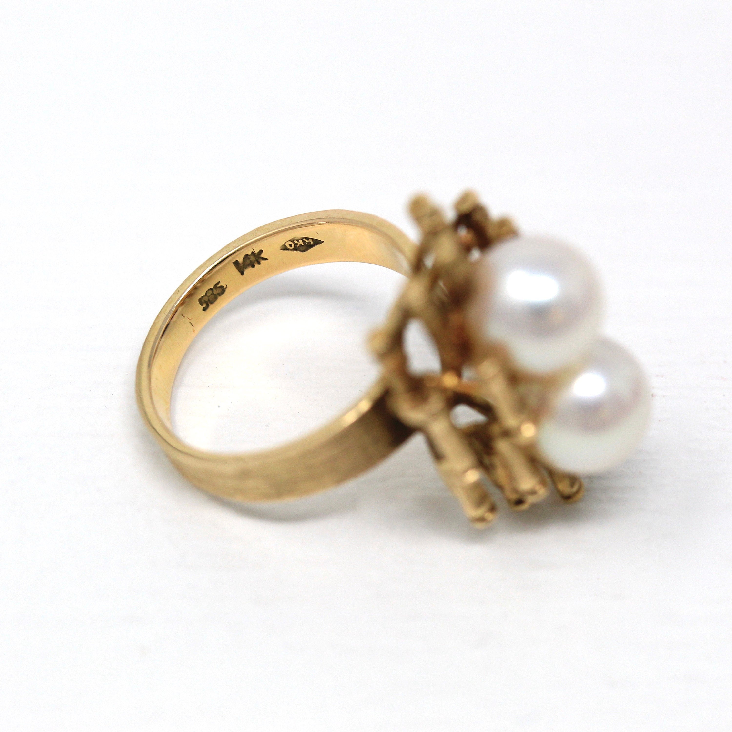 Cultured Pearl Ring - Retro 14k Yellow Gold Bamboo Branches Statement - Vintage Circa 1970s Era Size 6 1/2 Manchu Gems Original Box Jewelry