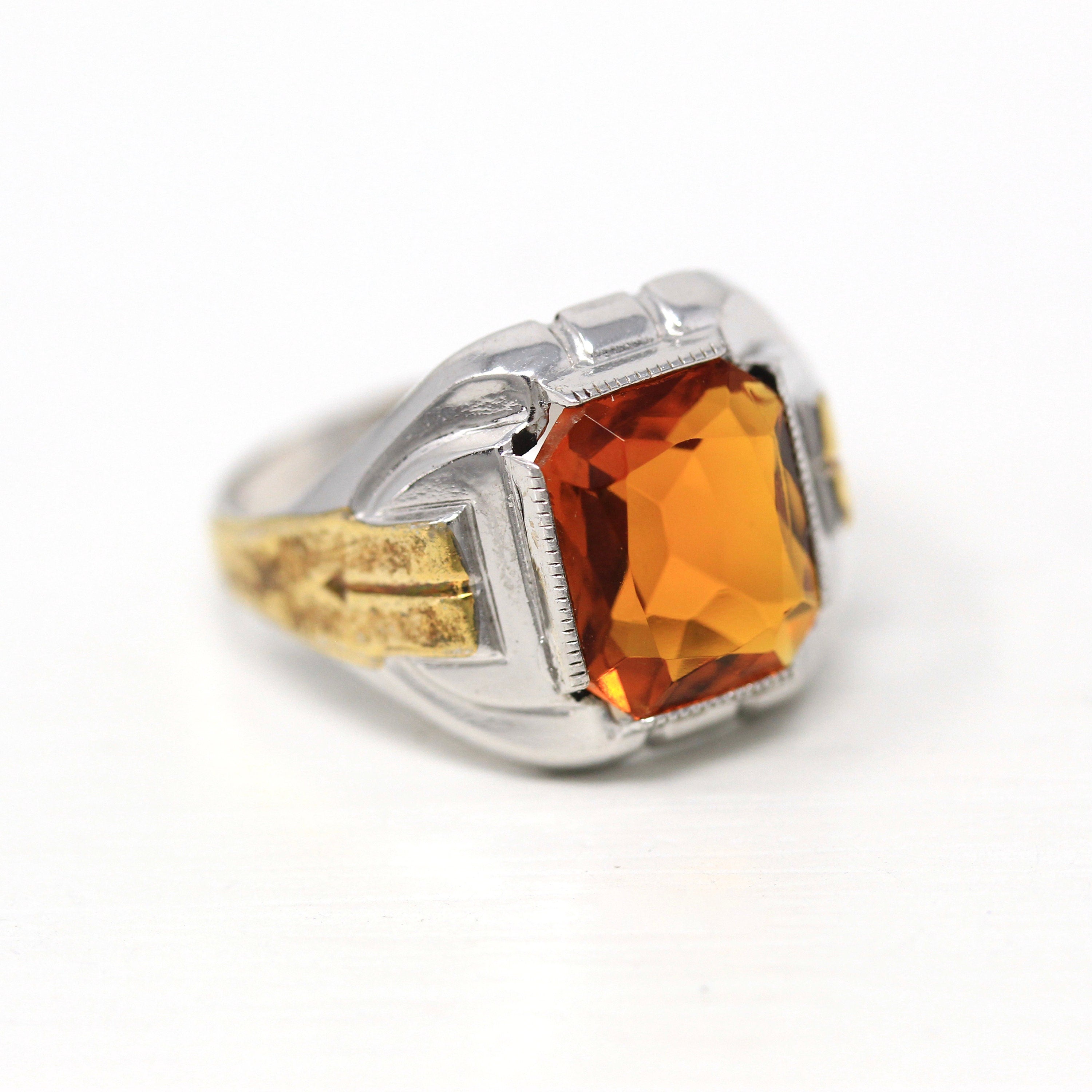 Art Deco Ring - Vintage Sterling Silver Emerald Cut Simulated Citrine Orange Glass Stone - Circa 1930s Era Size 11 1/4 Ostby Barton Jewelry